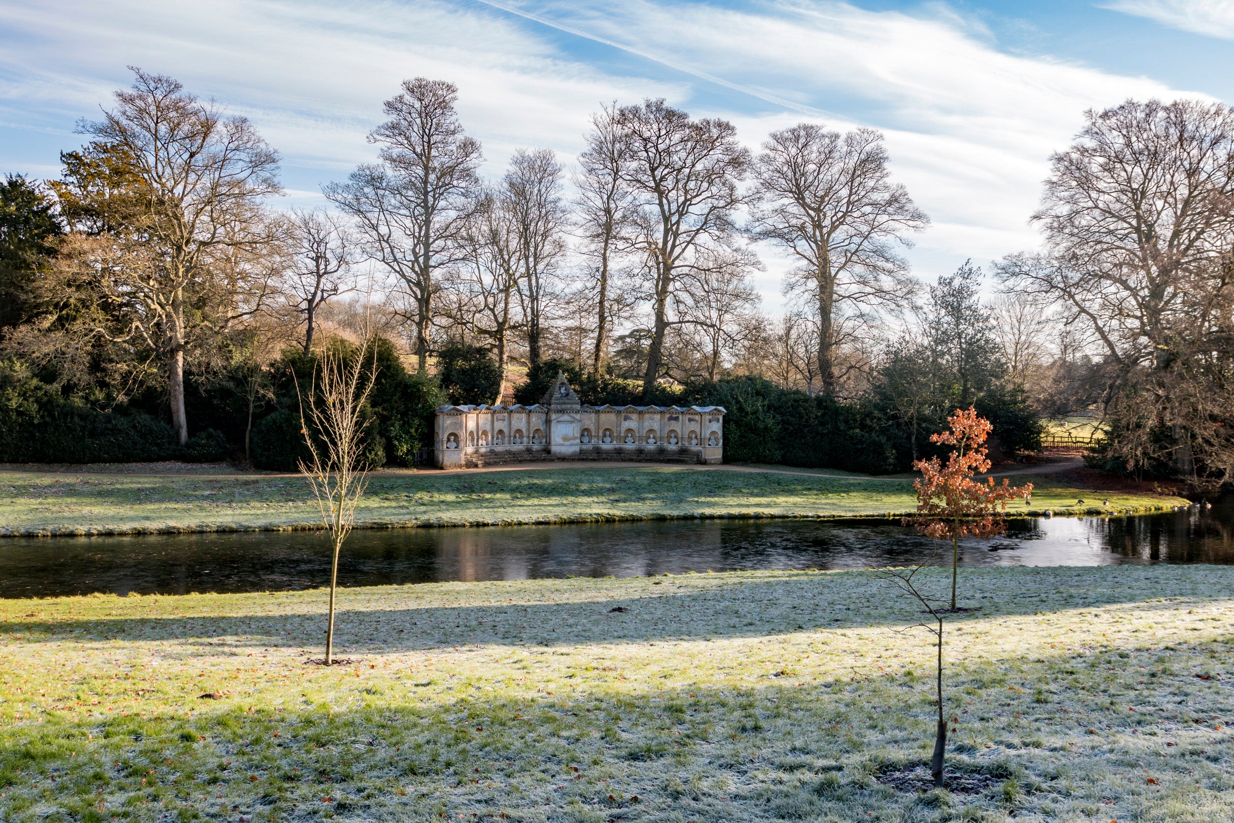 View across the river towards the Temple of British Worthies at Stowe