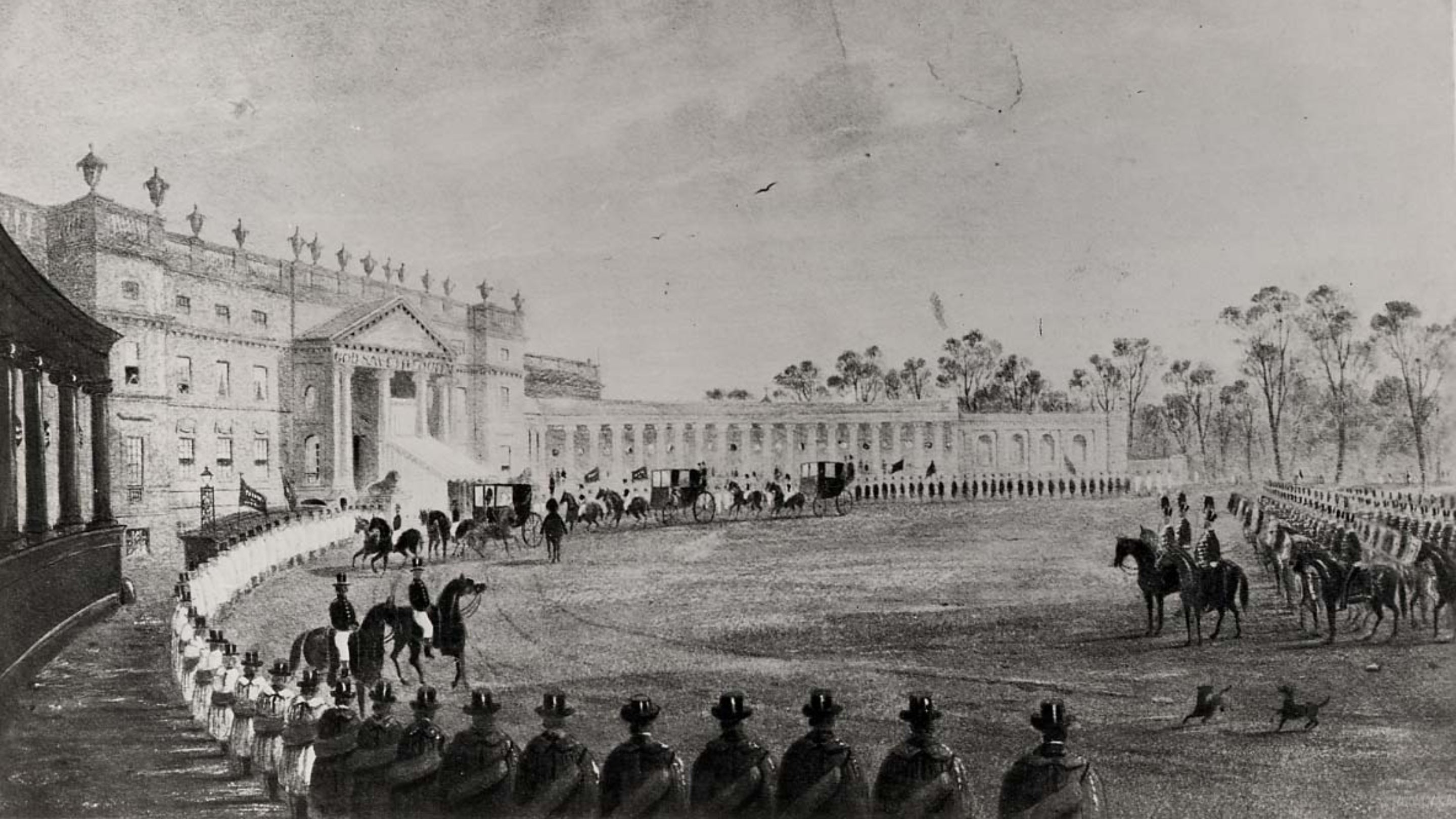 Black and white illustration depicting Queen Victoria arriving at the north front of Stowe, Buckinghamshire, to a military reception, in January 1845.