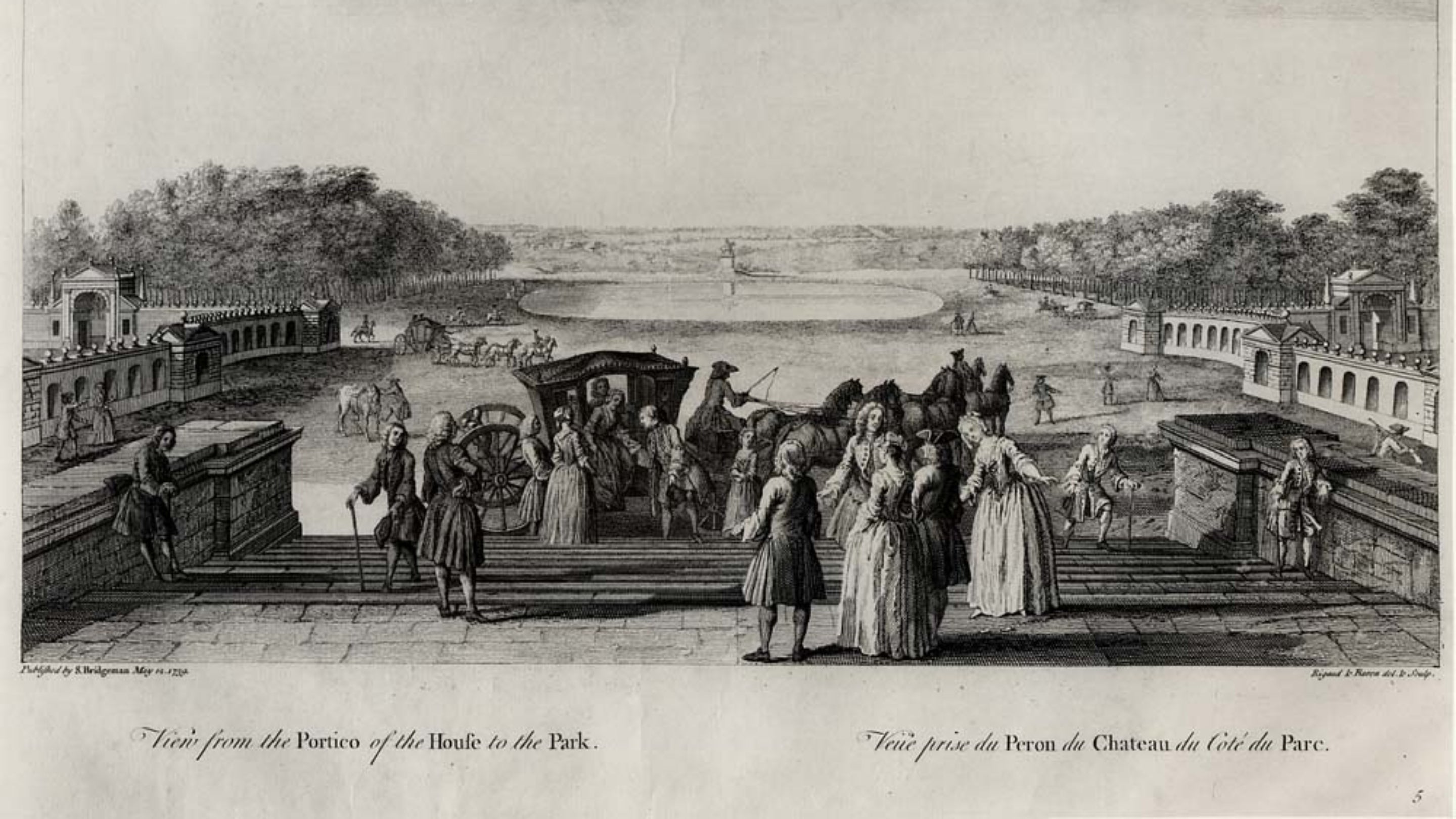 Black and white engraving depicting 'The View from the Portico of the House to the Park' at Stowe, Buckinghamshire, by J. Rigaud and B. Baron