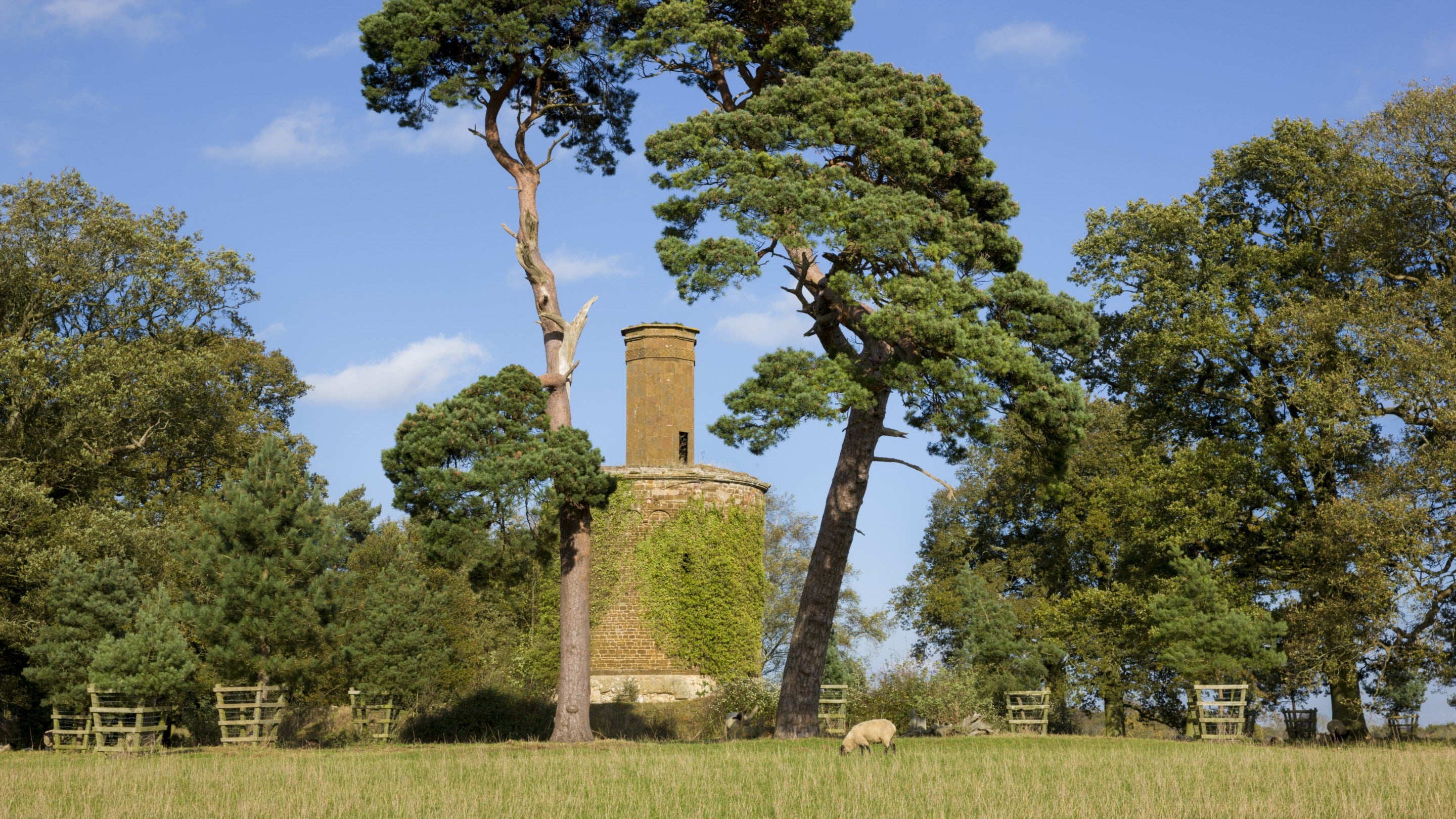 The Bourbon Tower at Stowe, Buckinghamshire, which is surrounded by mature trees and has grazing sheep in the foreground.