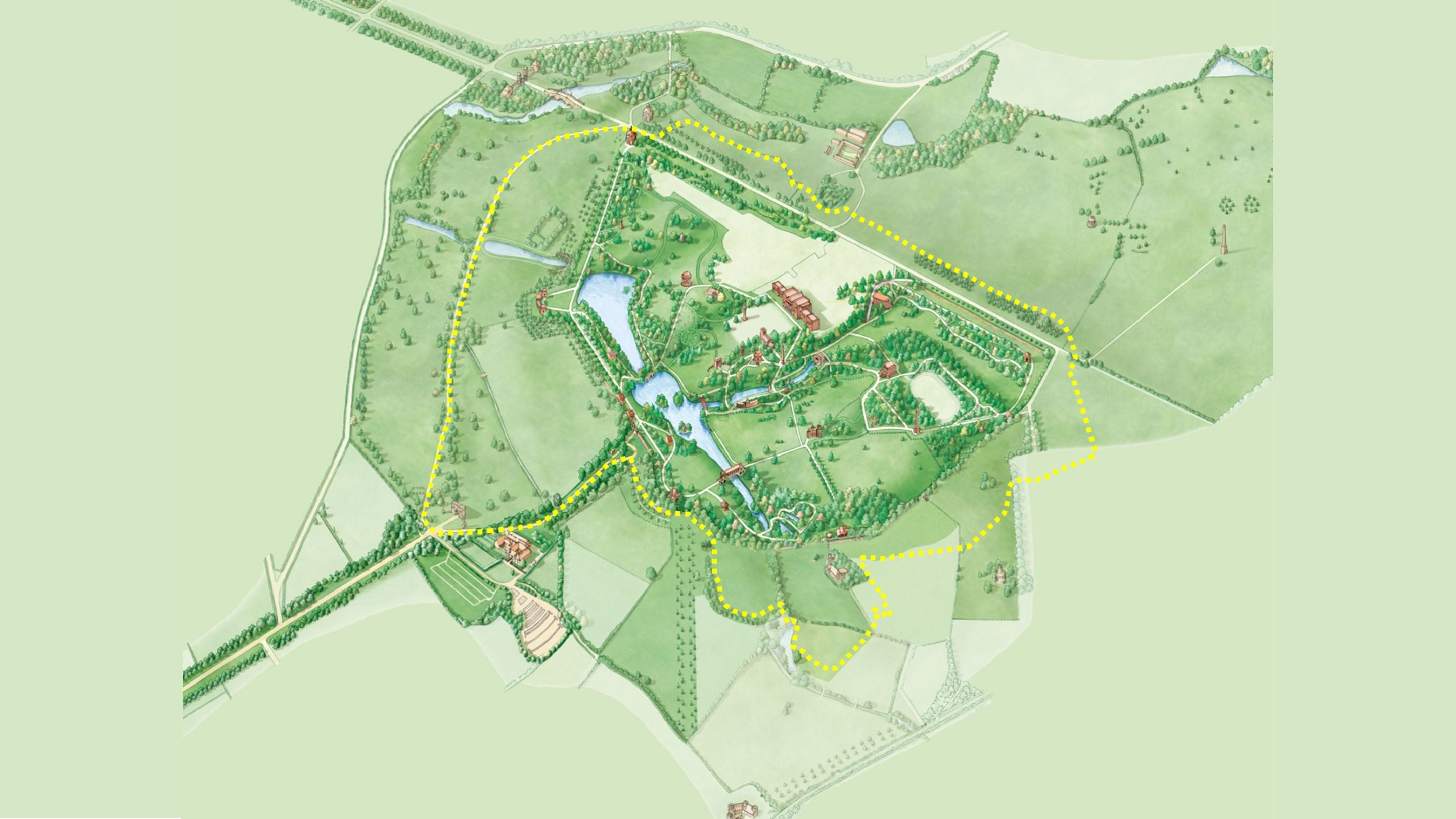 illustration showing the route of the new parkland trail at Stowe from above