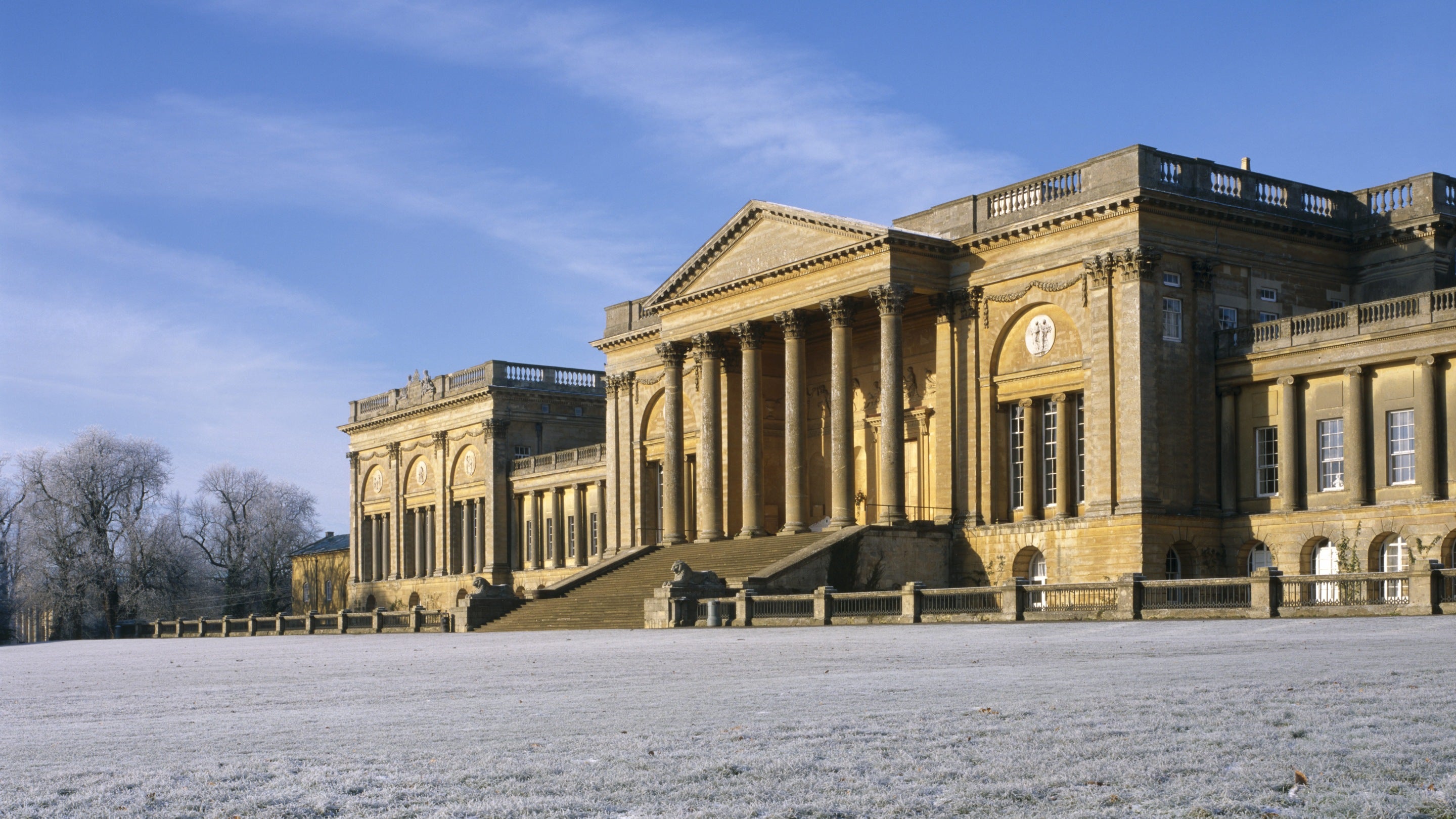 The South front of Stowe on a sunny day with snow on the ground in winter, Buckinghamshire