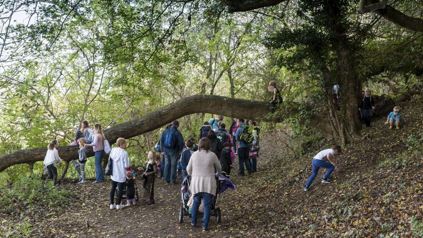 Families enjoying the woodland walk at Waddesdon Manor, Buckinghamshire