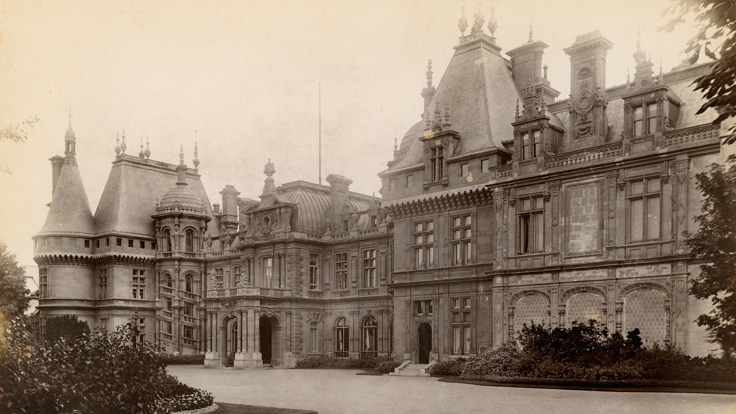 Close view of the entrance front from the right side at Waddesdon Manor, Buckinghamshire- a Renaissance-style chateau and Victorian garden. Year photo taken: 1897.