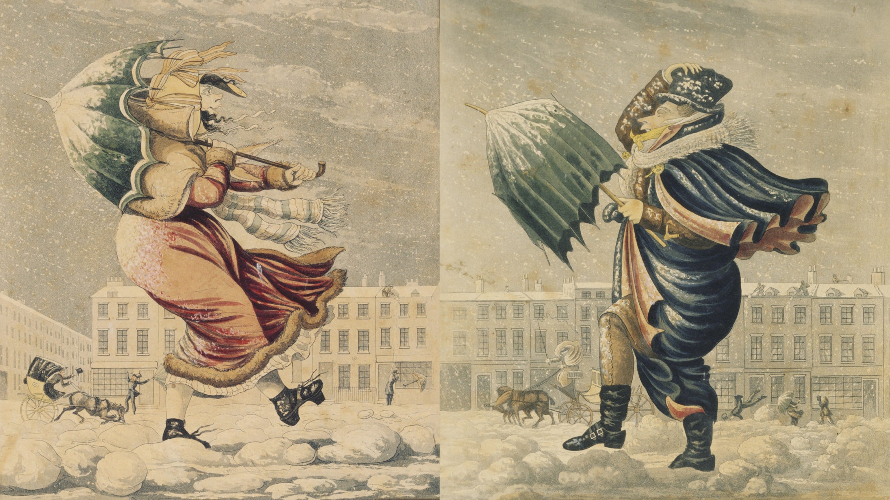 Two caricatures side by side from the collection in the Caricature Room at Calke Abbey, both depicting people braving a blizzard. In the first picture is a women with an umbrella, while the second picture is a man holding onto his hat, while blizzards blow around both of them.