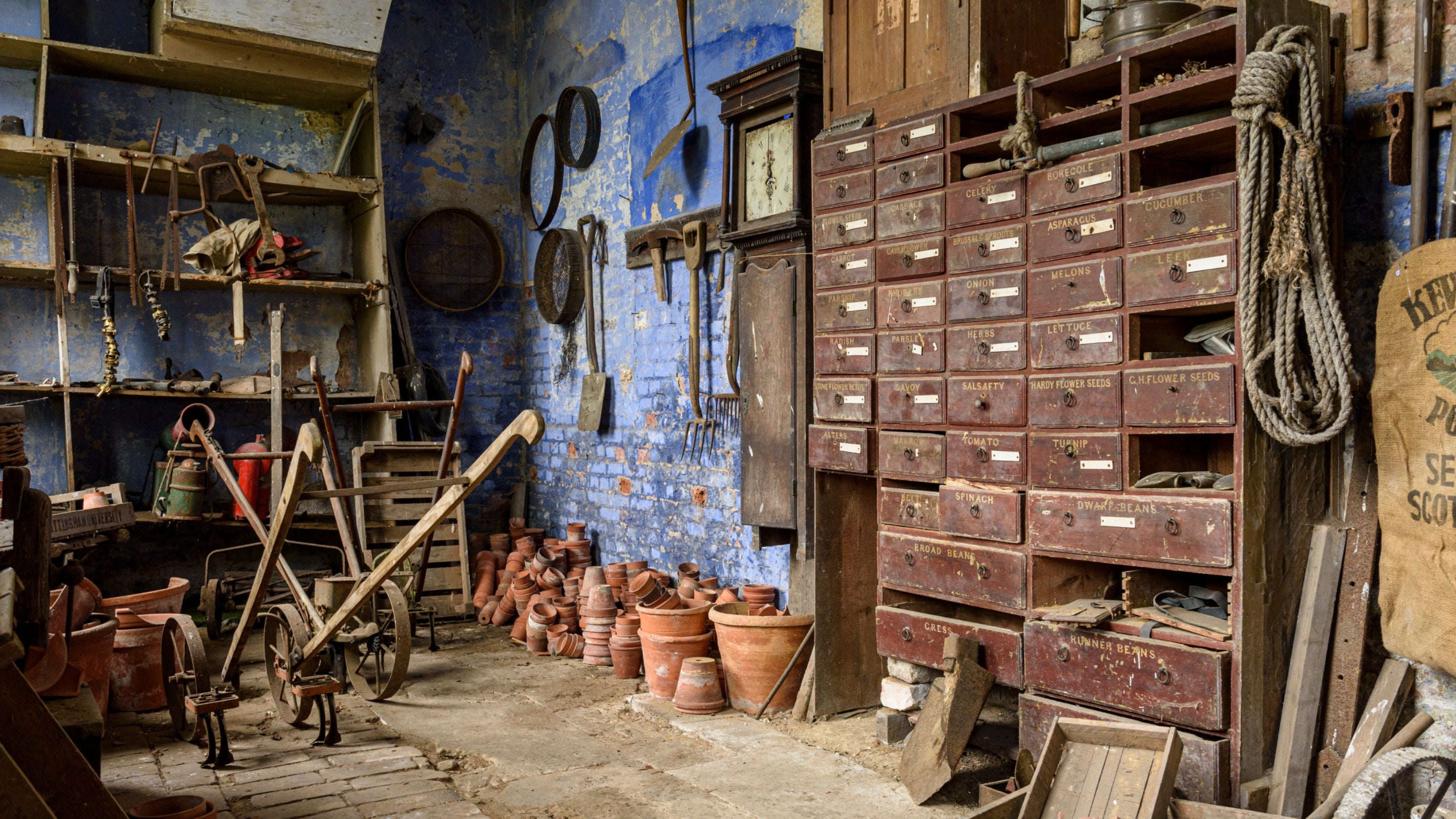 A view inside the Gardener's Bothy in the garden at Calke Abbey, with a large chest of seed drawers in the foreground, surrounded by a variety of old gardening tools and terracotta pots.