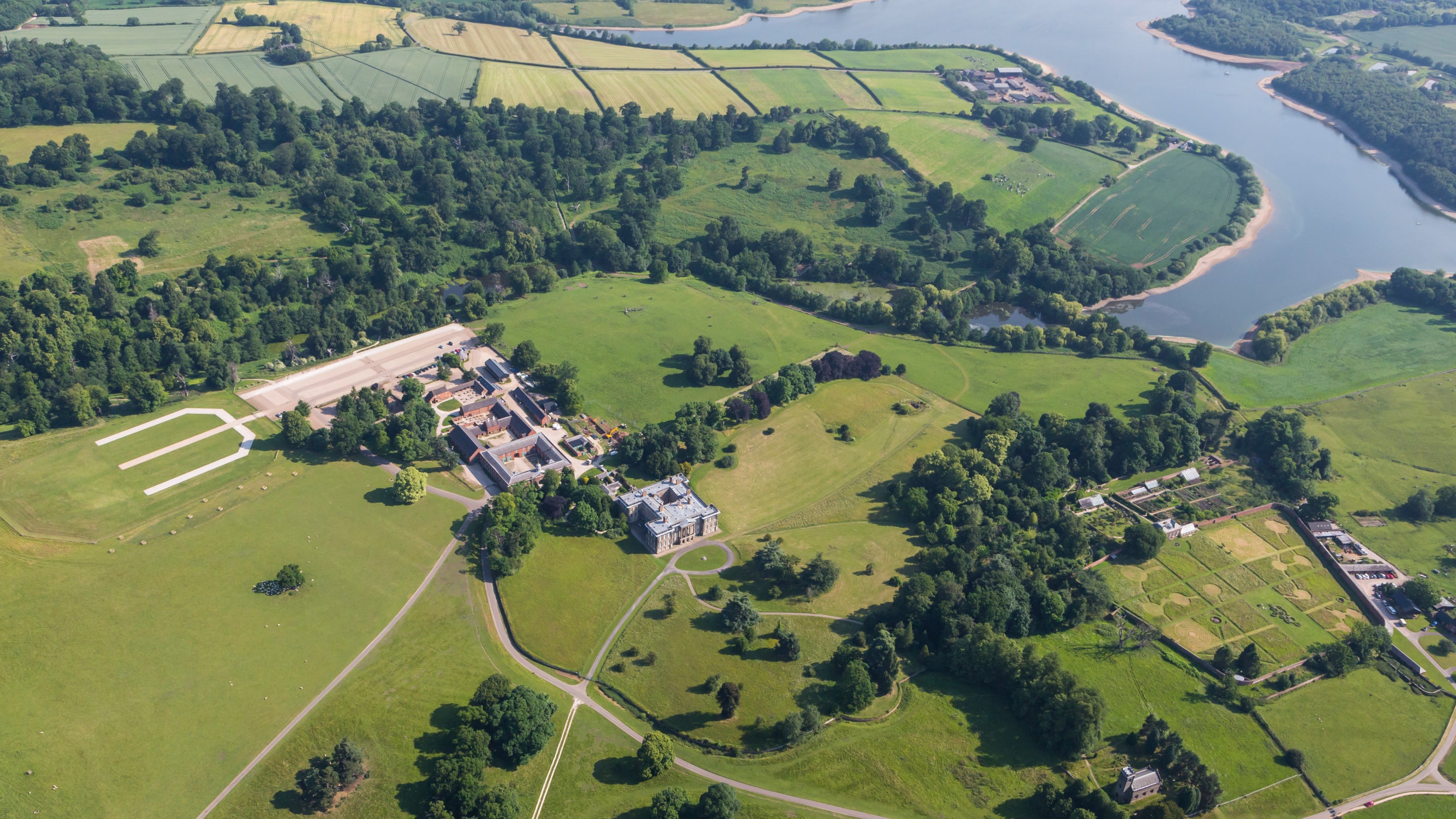 Aerial view of Calke Abbey and Staunton Harold reservoir, Derbyshire