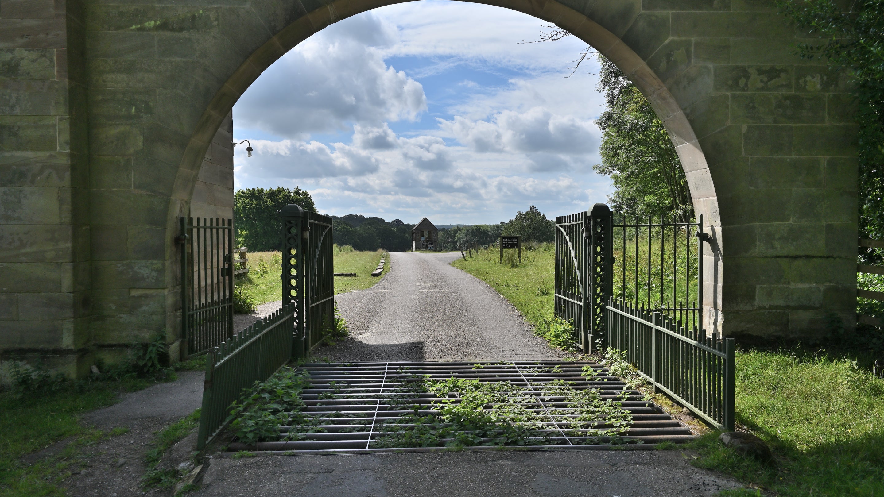 Looking through the archway of Middle Lodge at Calke Abbey, Derbyshire