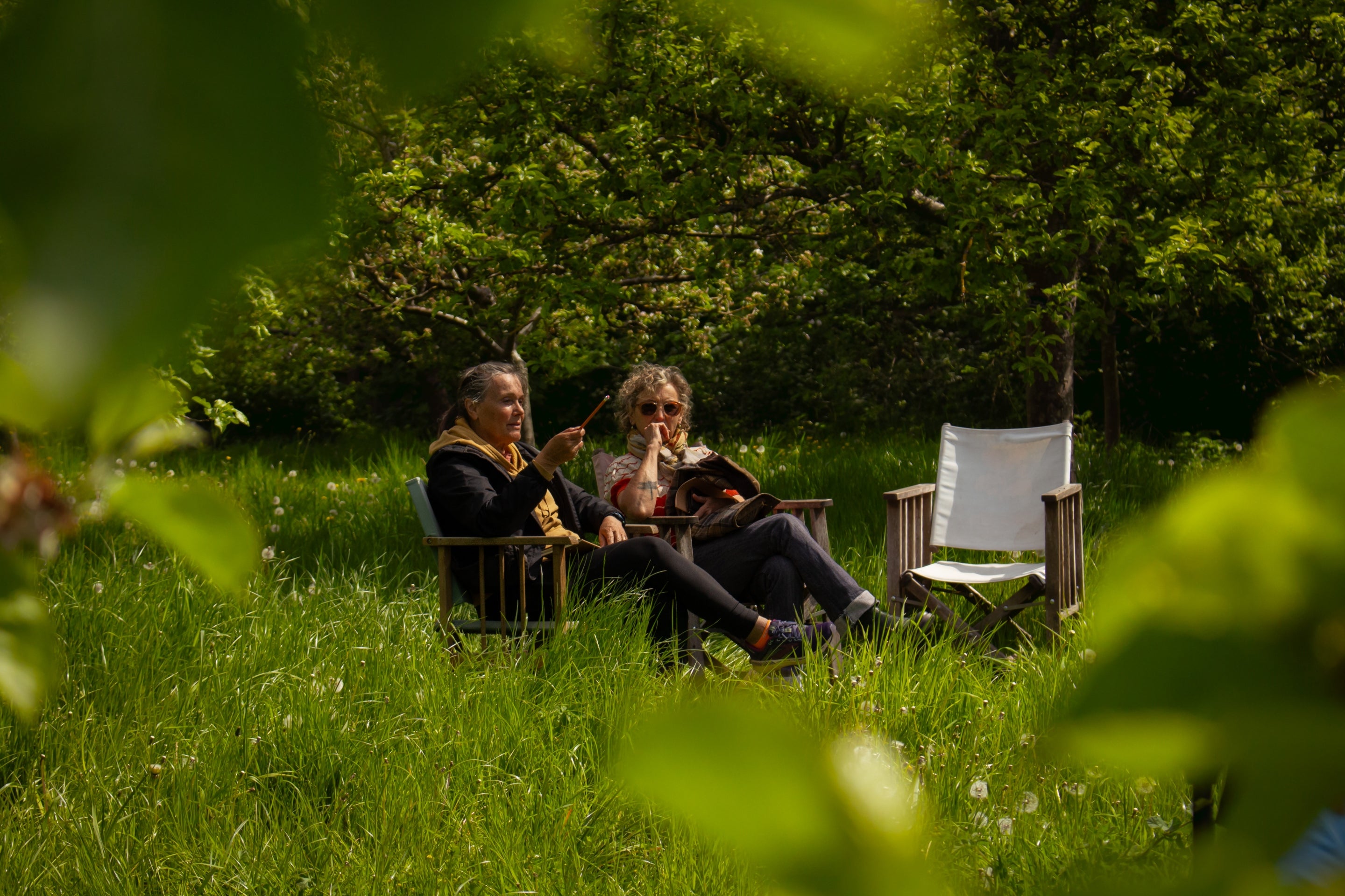 Visitors sat in deckchairs in the sunny orchard at Calke Abbey during a creative workshop