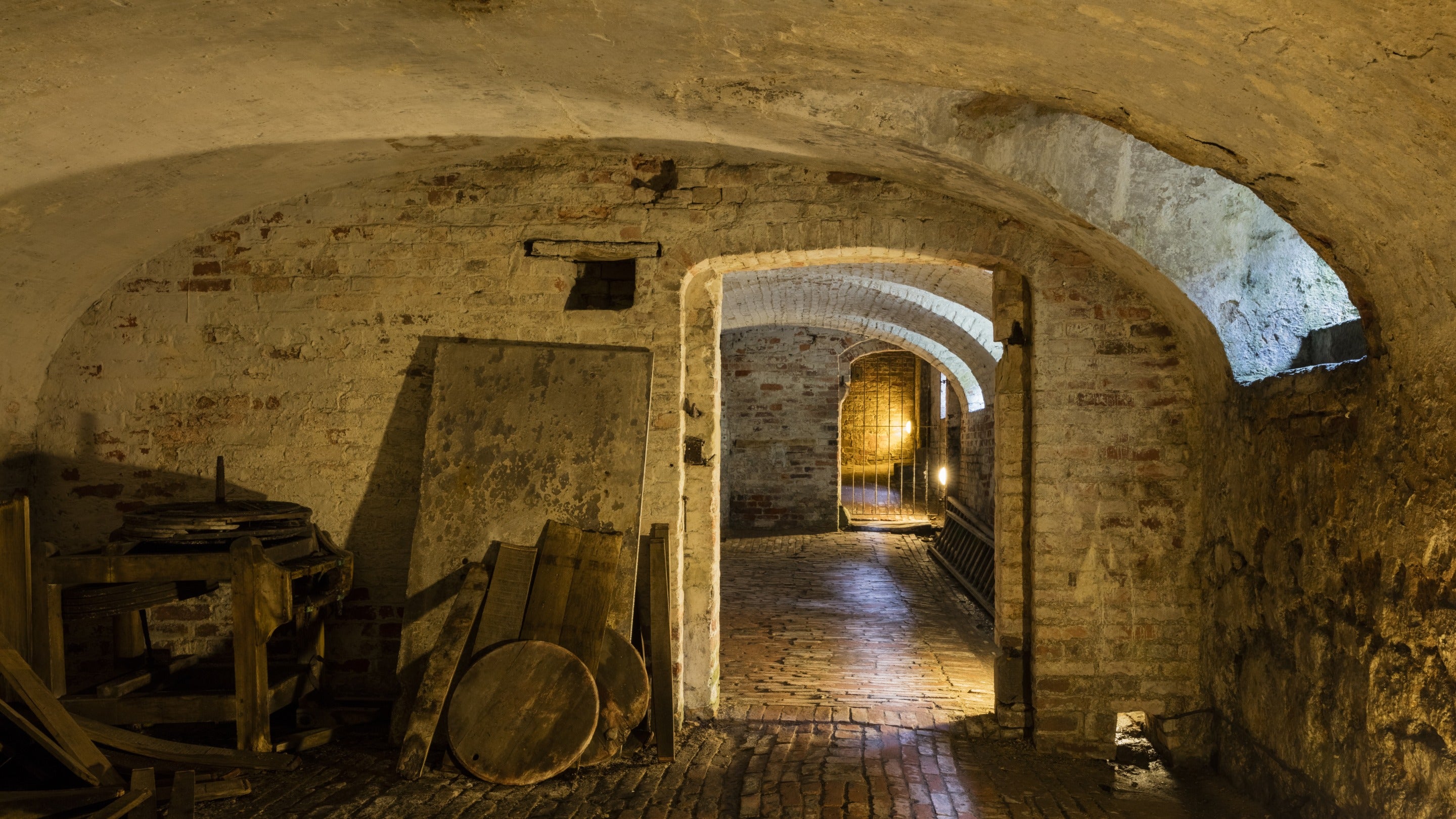 A dimly lit cellar