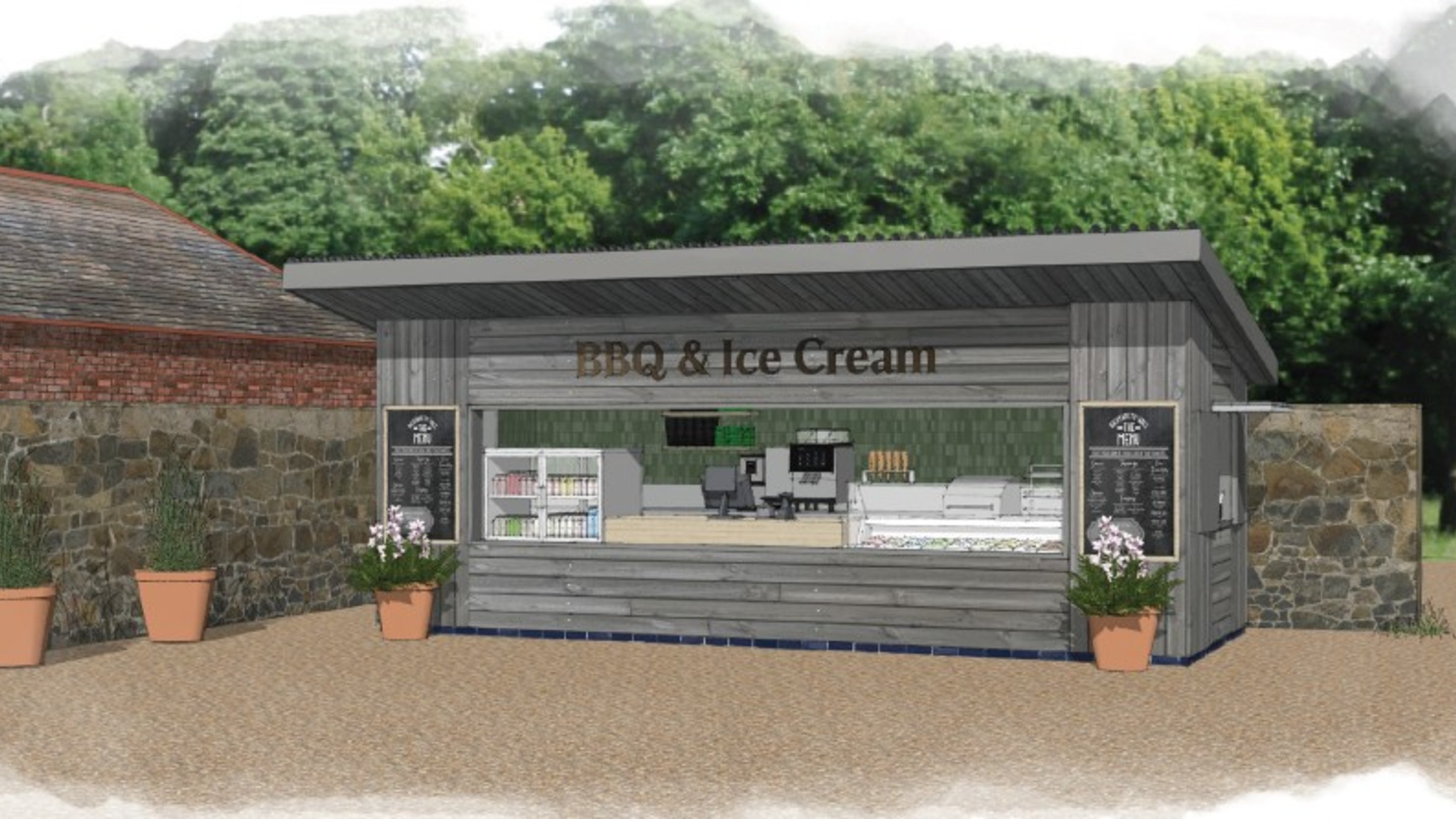 An illustration of the BBQ and ice-cream kiosk at Calke Abbey