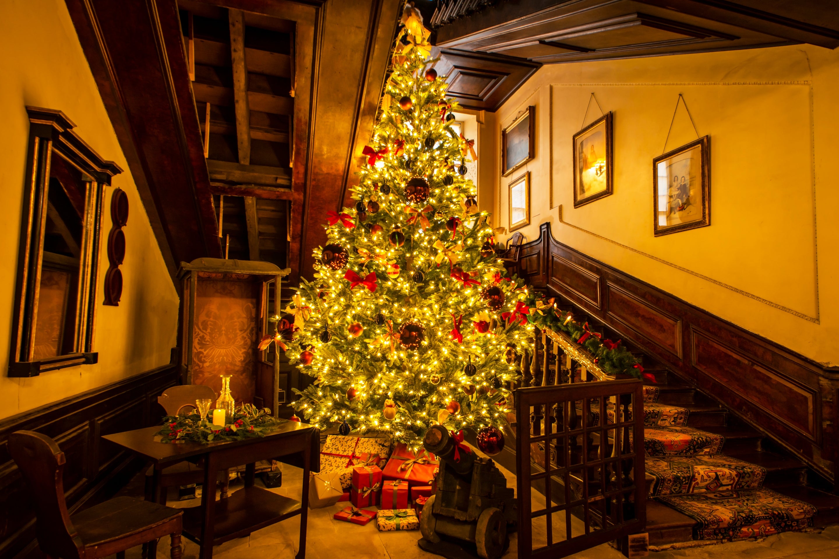 A warmly lit, brightly decorated Christmas tree stands at the bottom of the main staircase at Calke Abbey.
