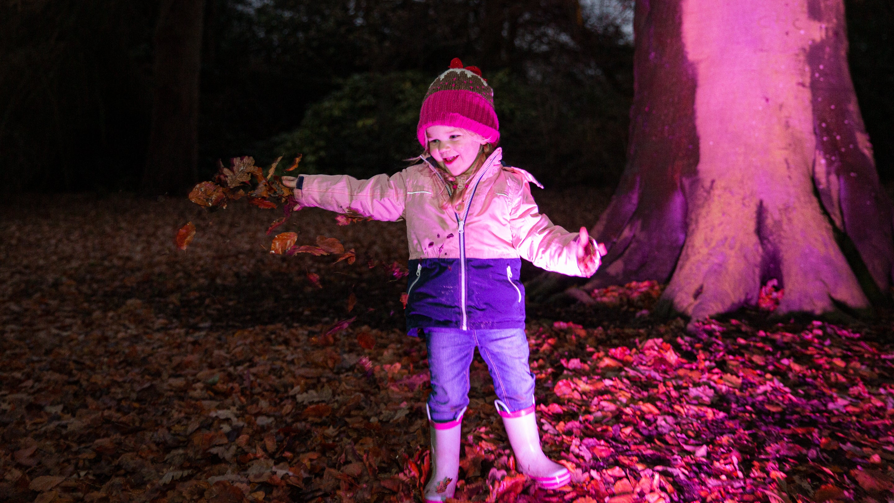 A girl playing in leaves and winter lights at Calke Abbey