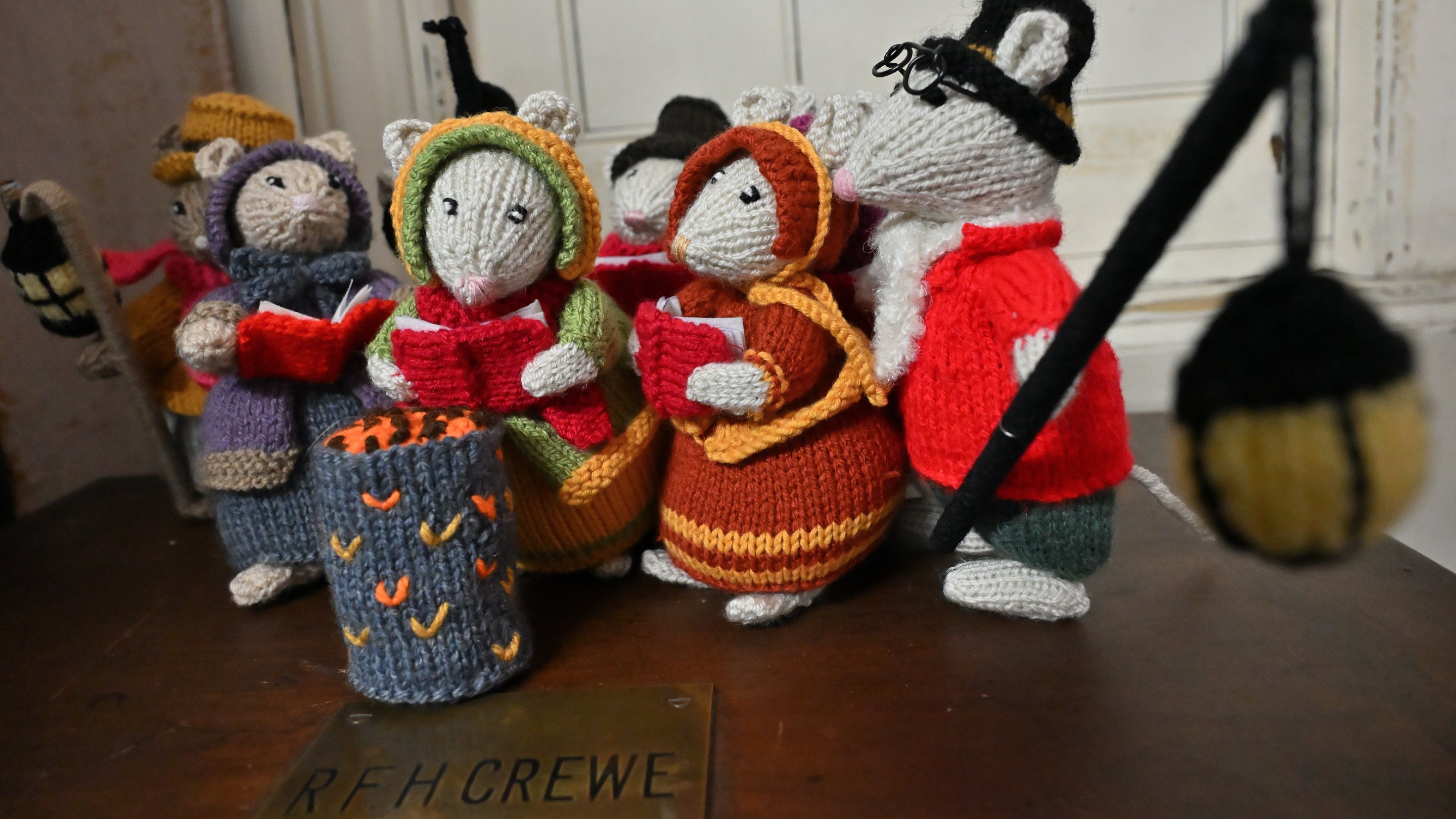 Knitted mice in a festive House display at Calke Abbey, Derbyshire