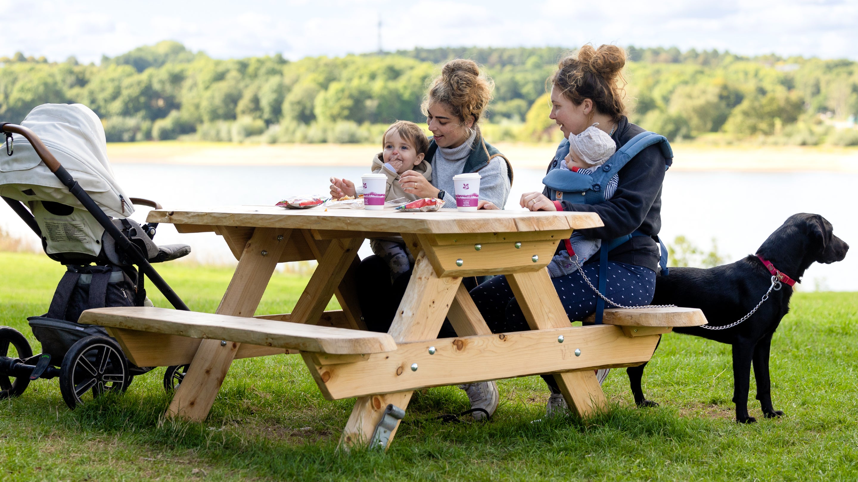 Visitors with young children and a dog having refreshments at a picnic bench at Foremark, Derbyshire
