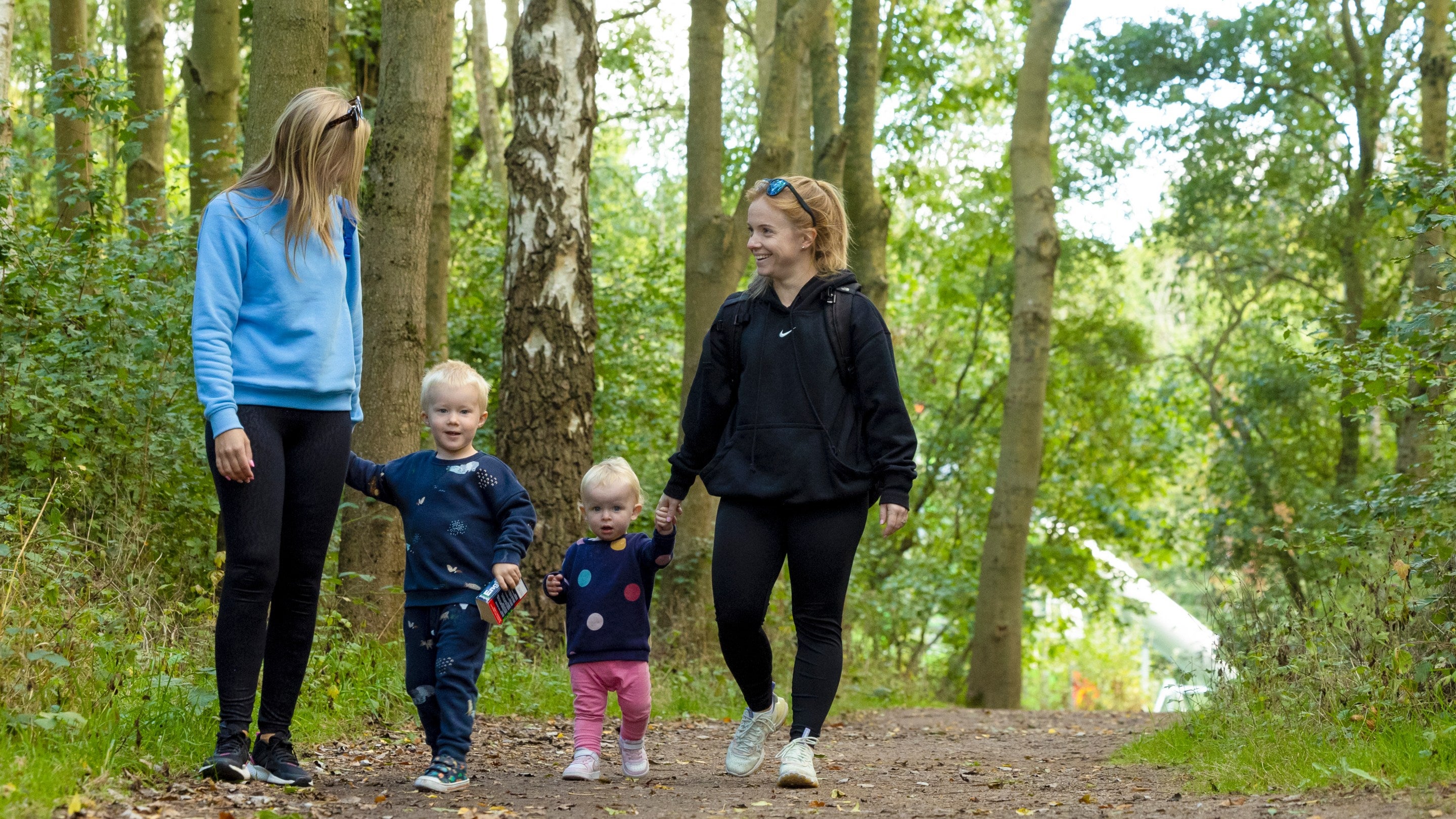 Image shows a family holding hands enjoying an autumnal walk in the woodland
