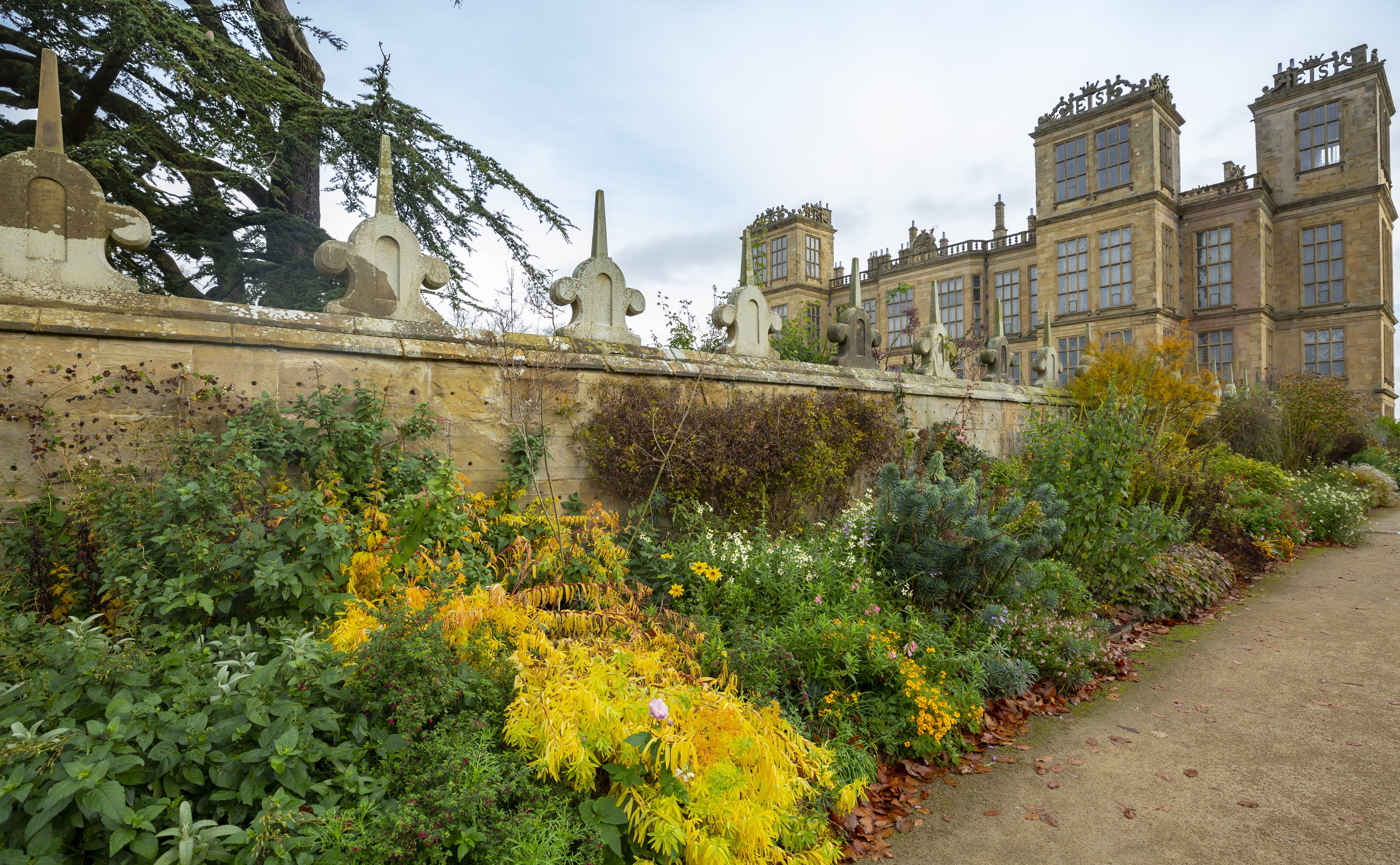 View along the herbaceous border towards the hall at Hardwick, Derbyshire