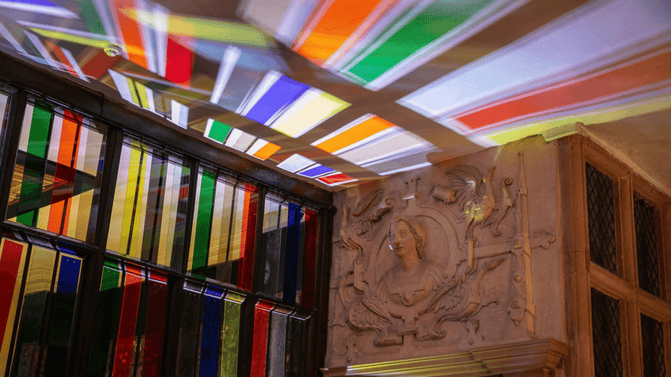 Multicoloured light display in the Chapel at Hardwick, Derbyshire