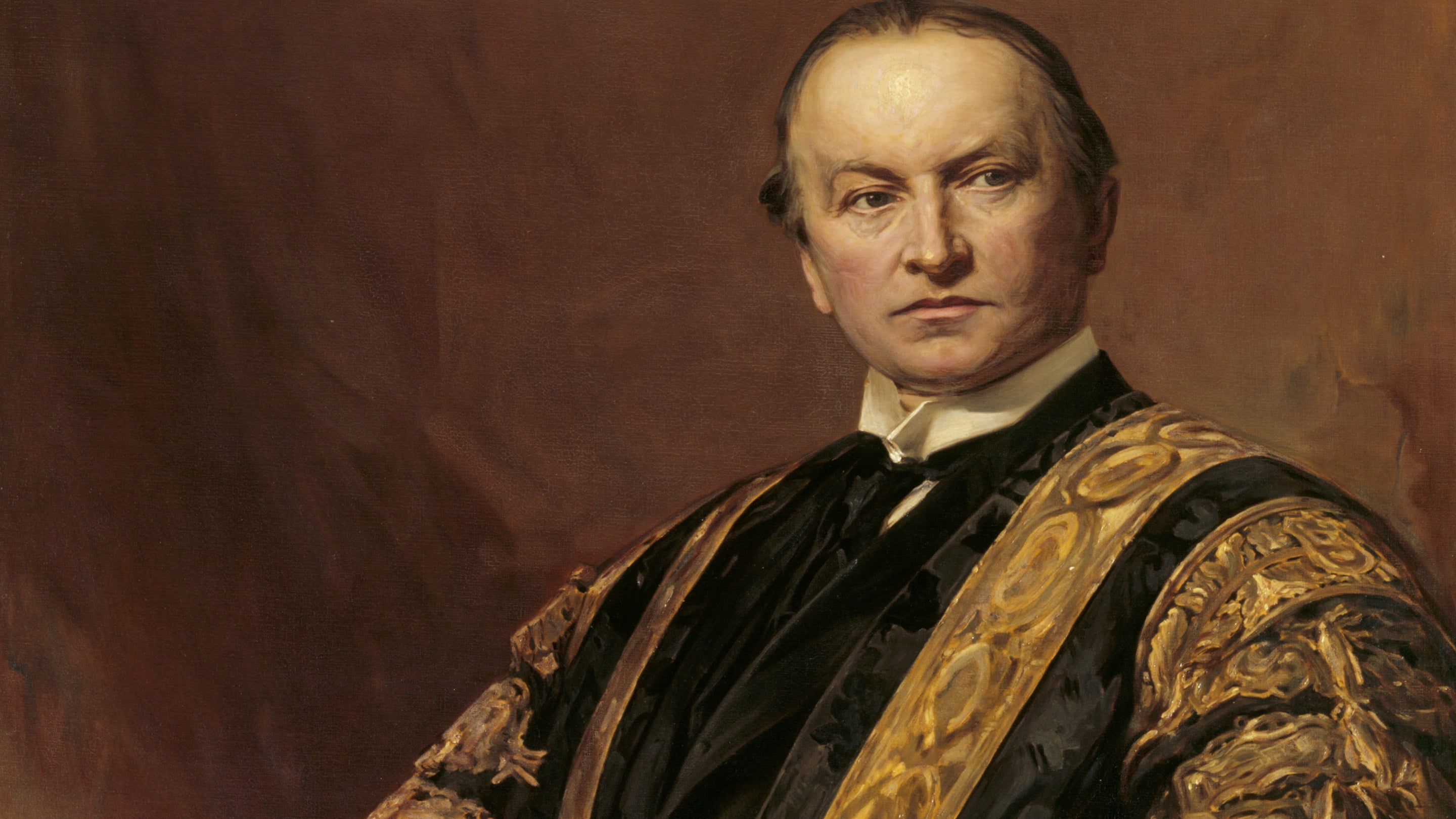 Oil painting on canvas, George Nathaniel Curzon (1859-1925). A three-quarter-length portrait, seated, turned to the left, glancing to the right, in black and gold robes.