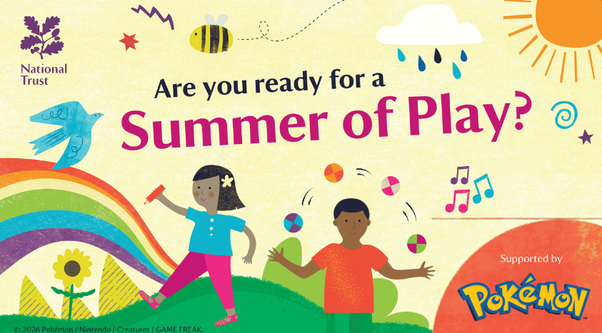 Summer of Play 2026 illustration featuring an imaginary and colourful scene of children at play with sunshine, rainbows and nature