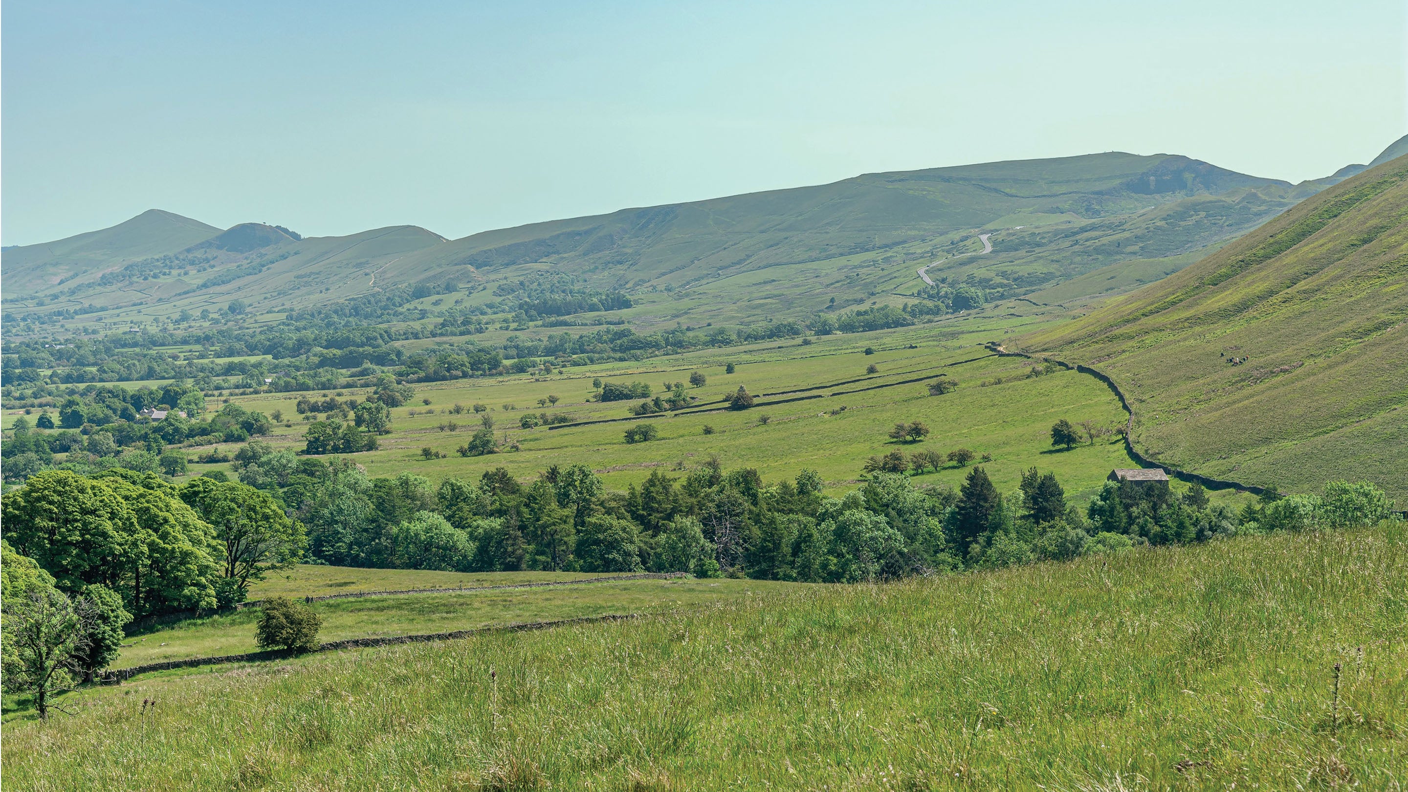 Fields in the foreground with woodland in the middle of the pictures and with hills to the left and in the distance under a blue sky