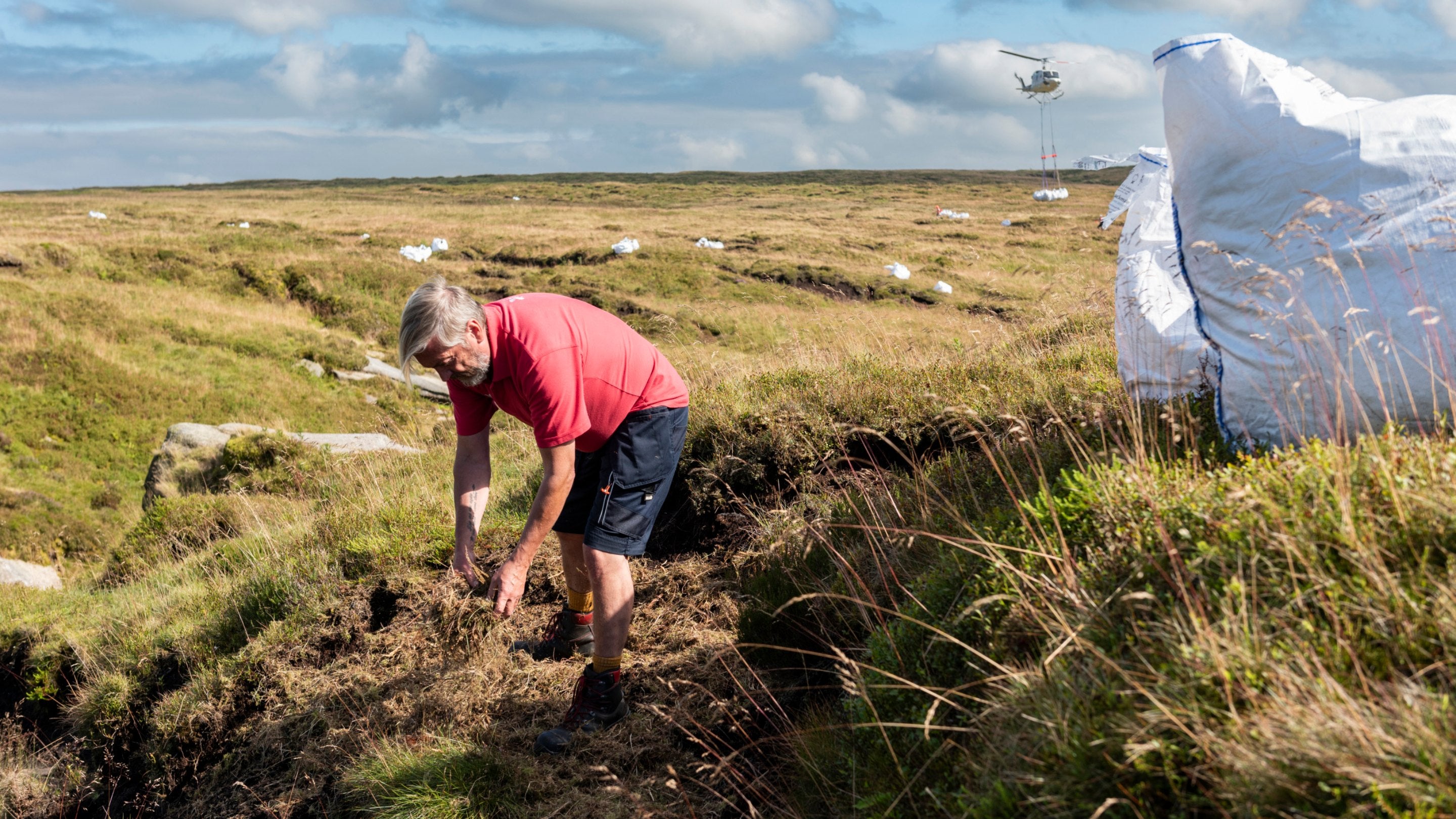 Spreading bags of Brash for the peatland restoration project at Kinder Scout, Derbyshire