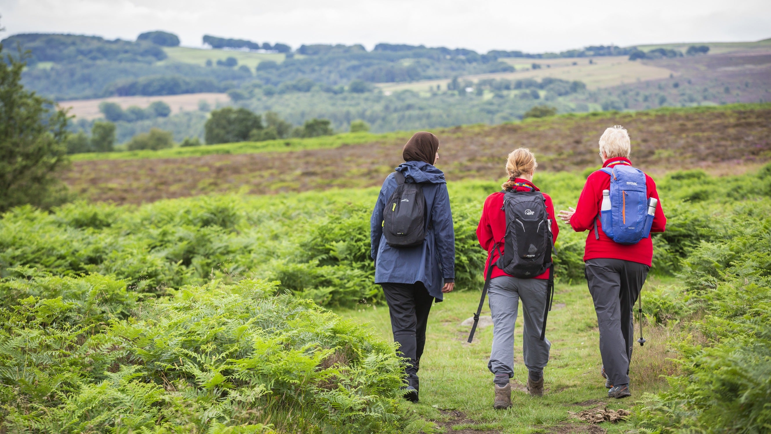 Three people walking side by side along a path in a field with views of hills in the distance