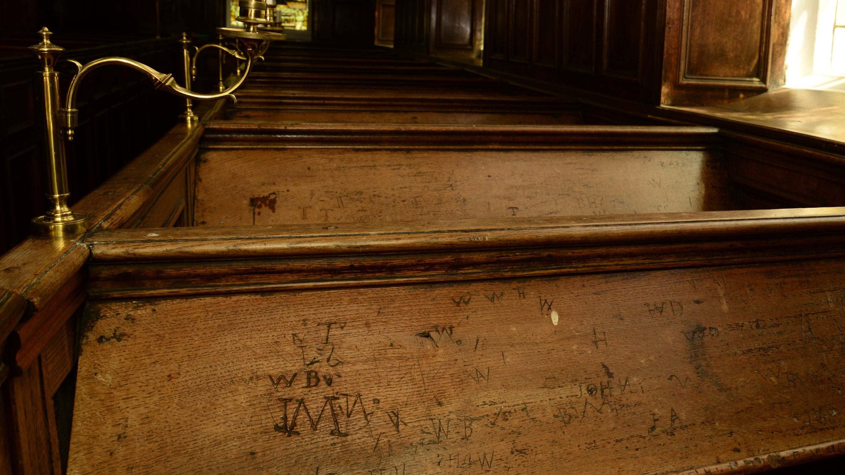 A close-up of the pews inside Staunton Harold Church.