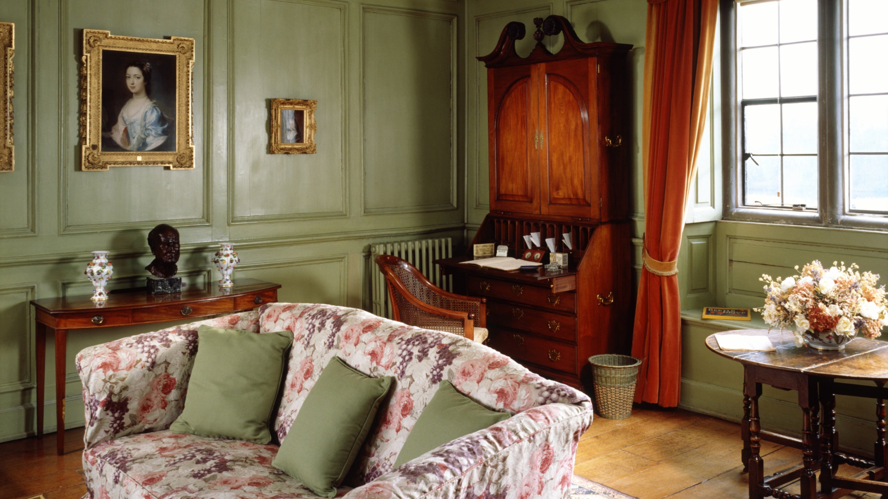 Lady Vernon's Sitting Room decorated in cool green sage, redolent of the 1930s at Sudbury Hall, Derbyshire