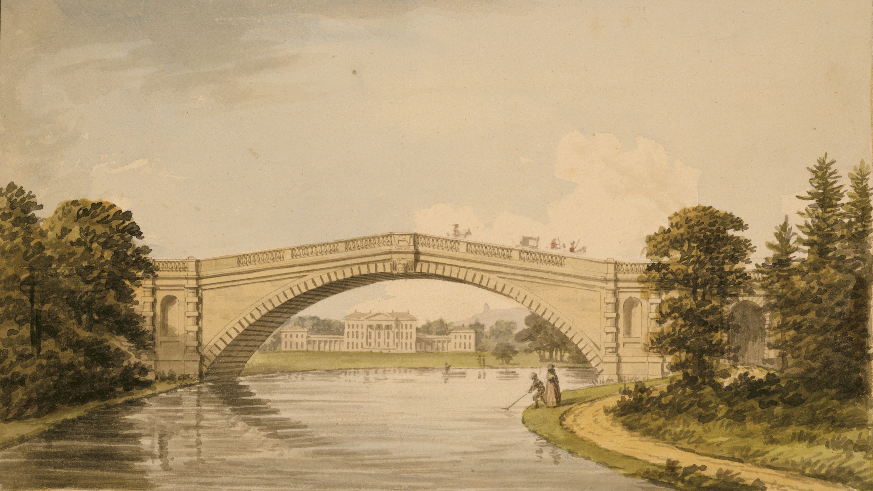 Tern Bridge with Attingham in the in the distance from Repton's Red Book at Attingham Park, Shropshire