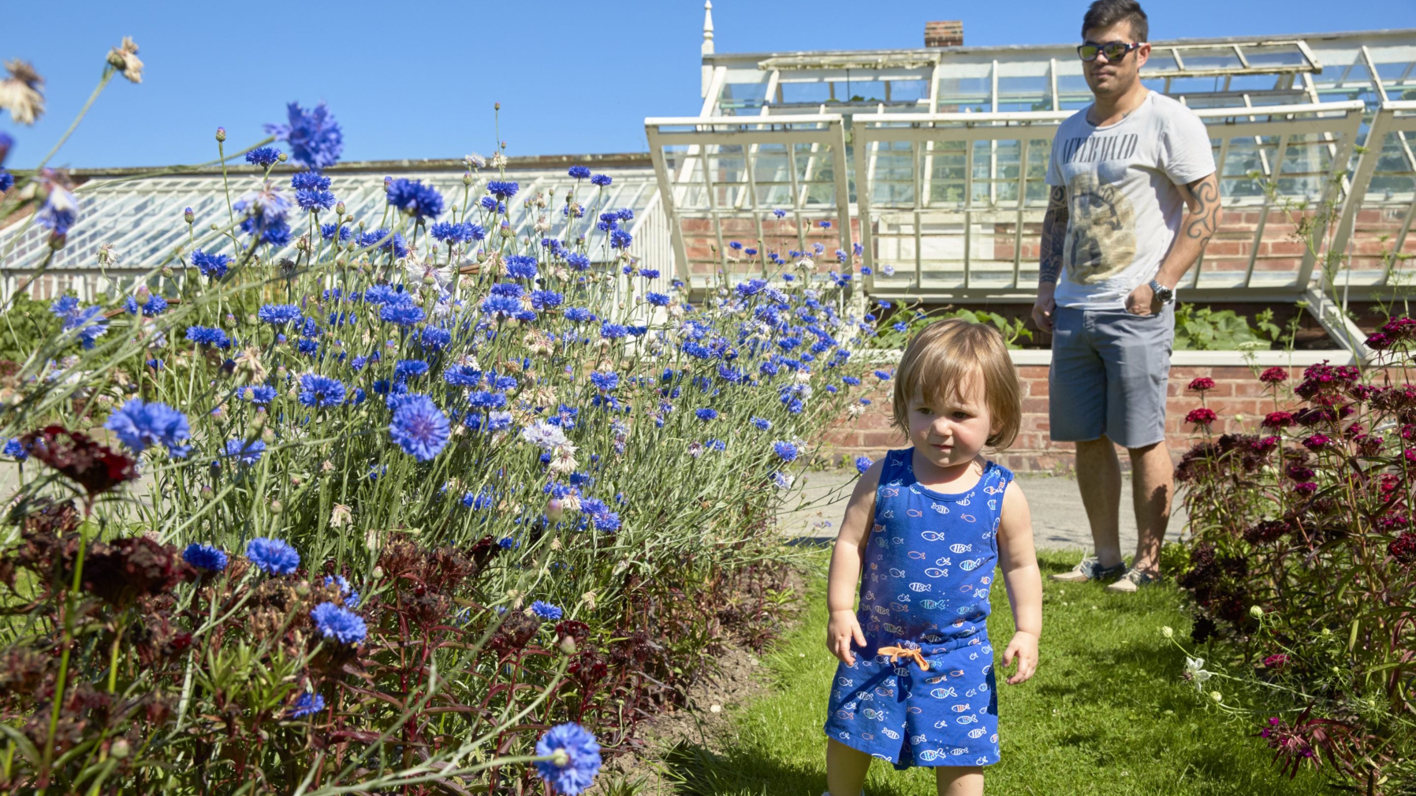 Father and daughter in the walled garden at National Trust property Attingham Park, Shropshire.