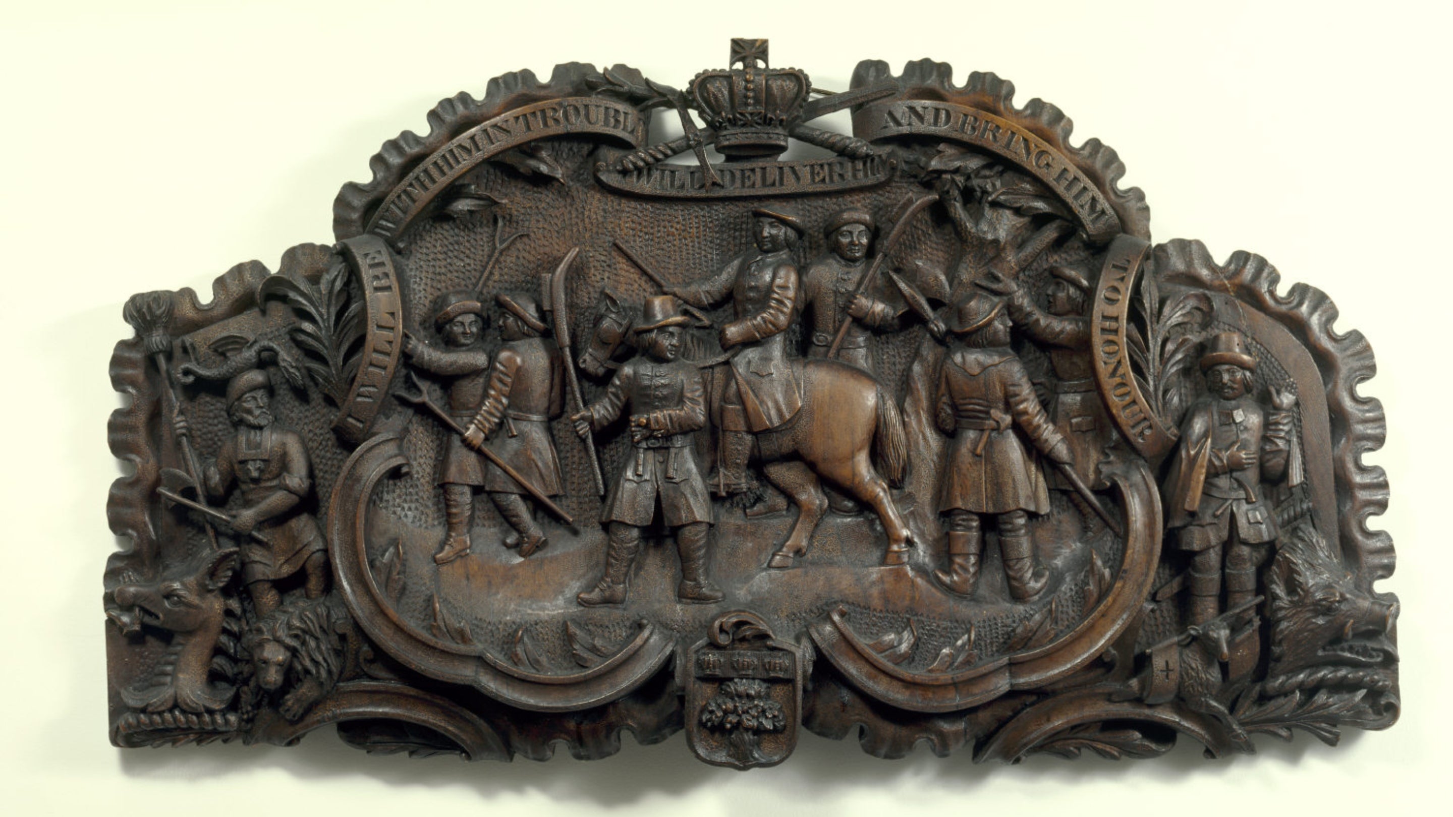 Oak wall carving in the Priest's room at Benthall Hall, showing the escape of Charles II from Boscobel House after the Battle of Worcester