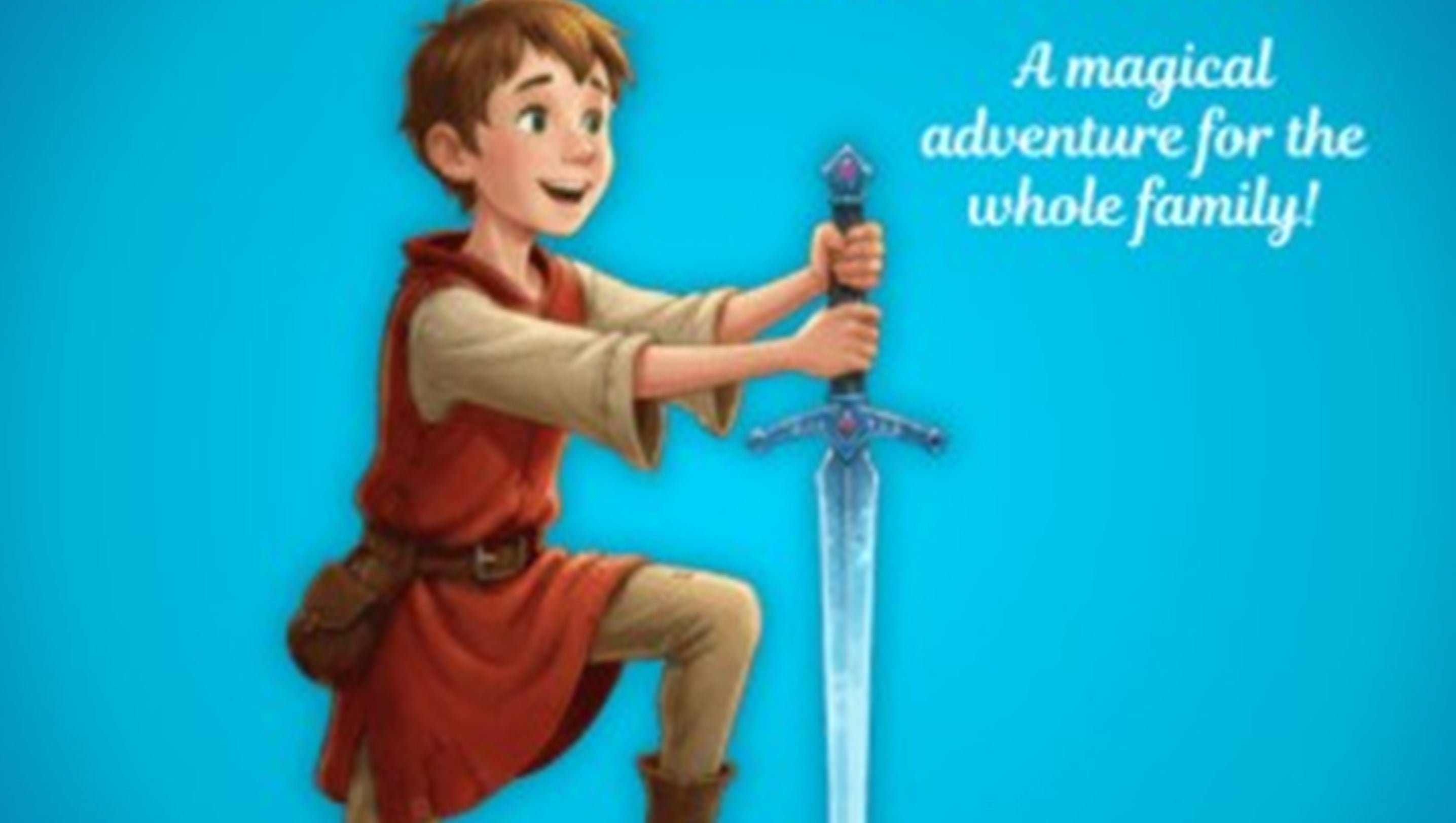 Happy boy pulls a sword from a stone