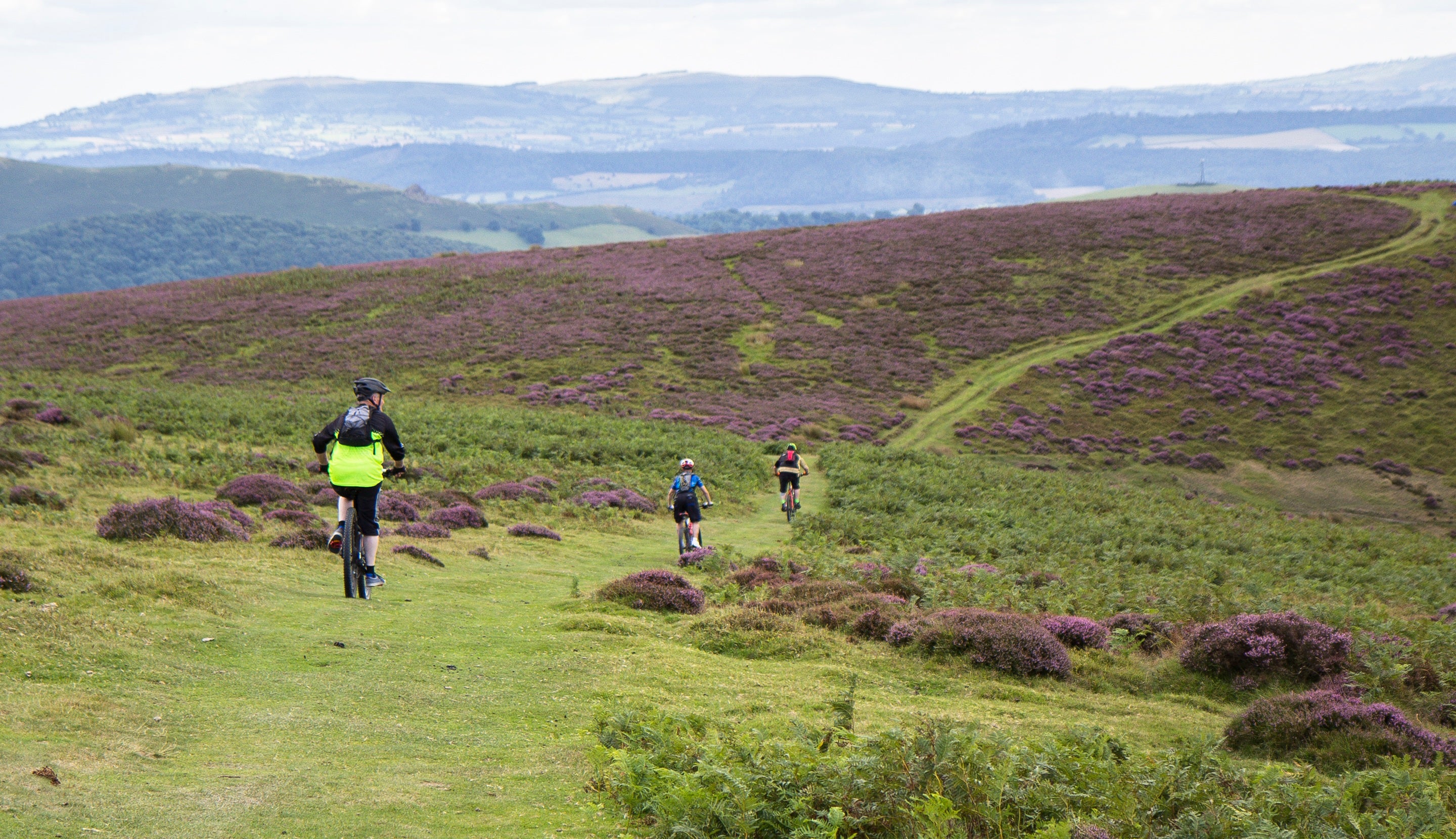 Cyclists on Long Mynd at Carding Mill Valley and Long Mynd, Shropshire