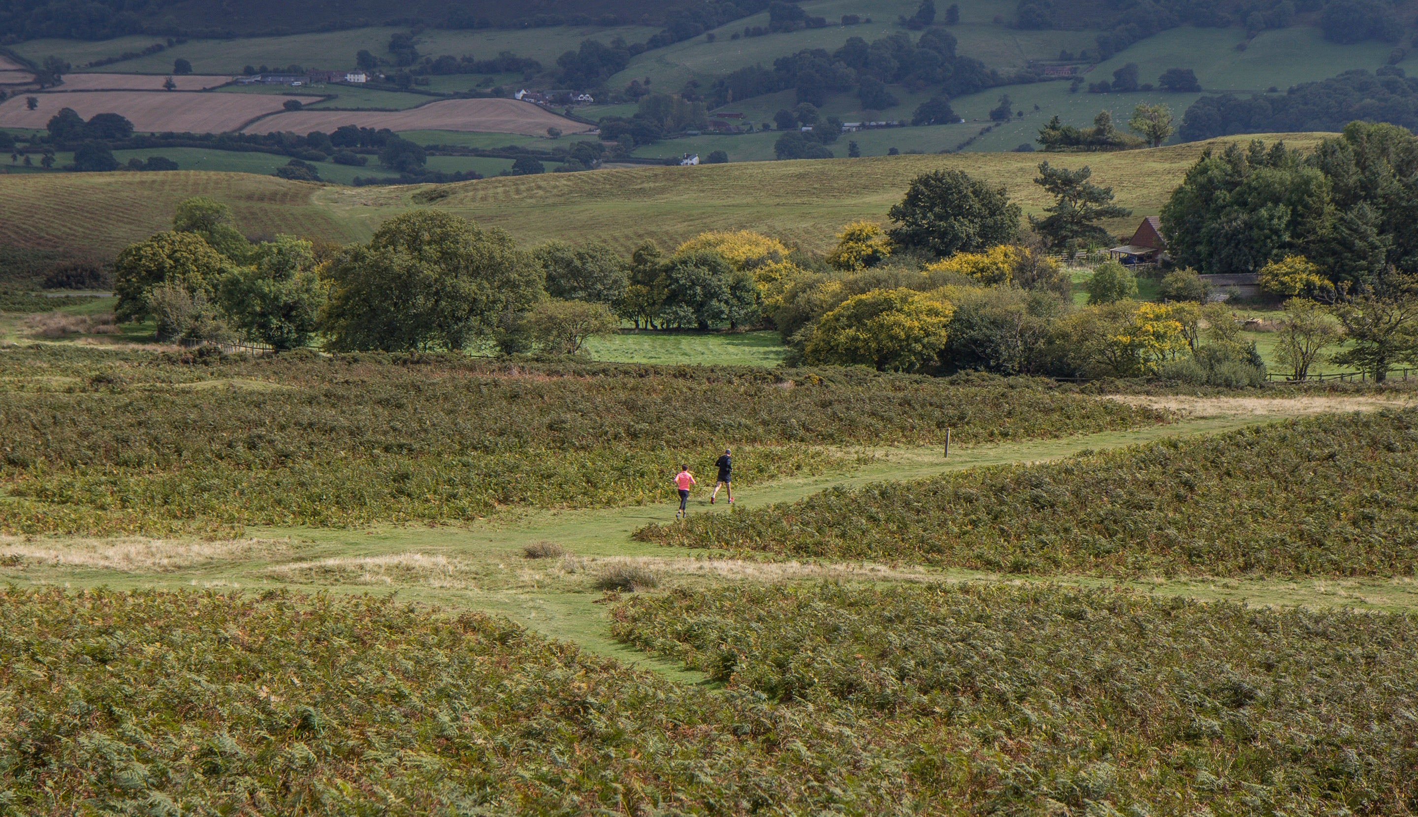 Joggers on Plush Hill at Carding Mill Valley and the Long Mynd, Shropshire