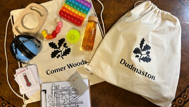 Adjustable Ear Defenders • Sensory Bottle • Wooden Easy-hold Magnifier or Mirror • Wooden Articulated Caterpillar • Rainbow Press Pop Fidget Toy • Textured Flashing Ball • Clipboard • Colouring Sheets • Colouring Pencils • Communication cards 