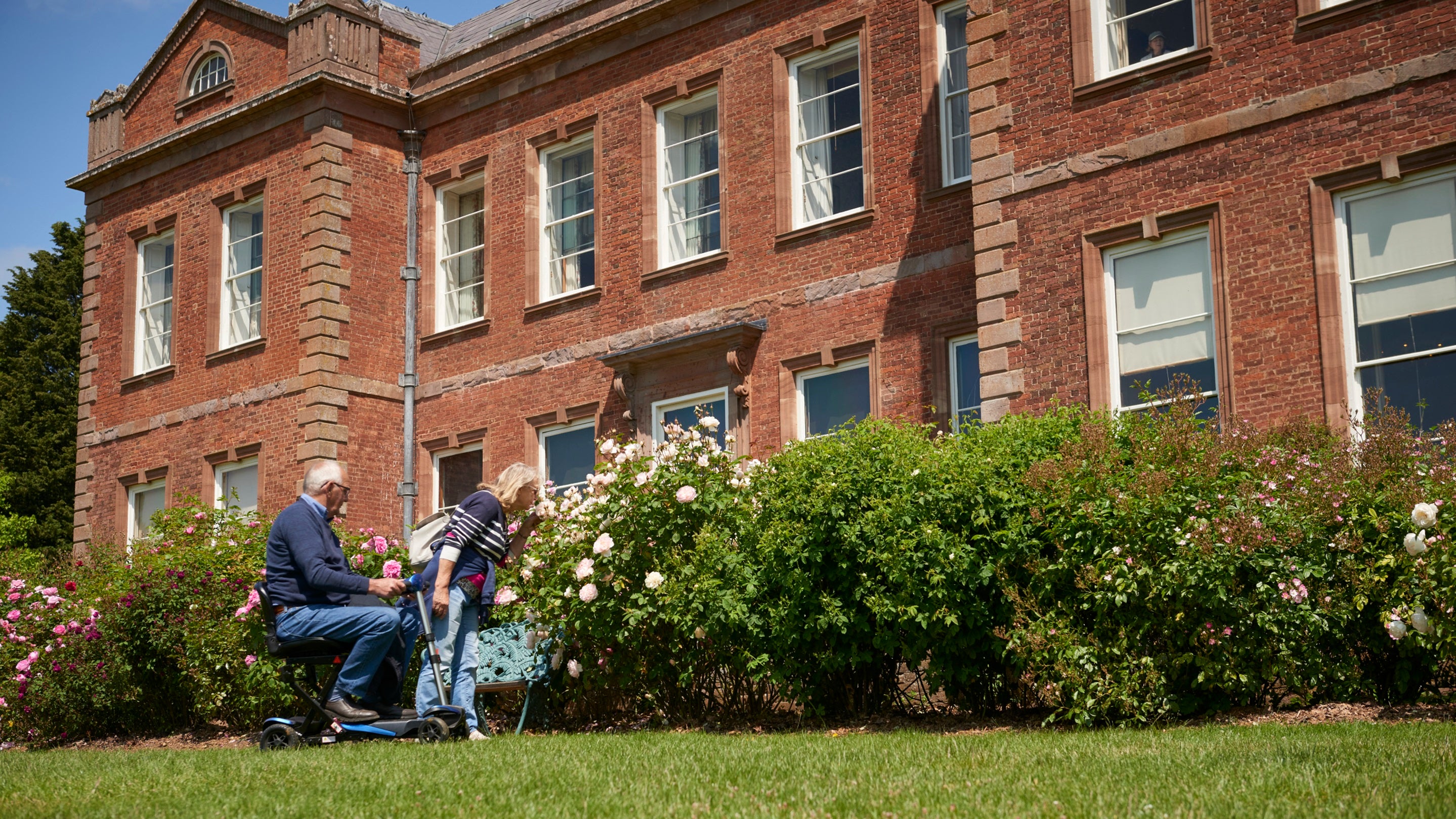 Two people admiring roses in bloom in front of a historic house made of red brick