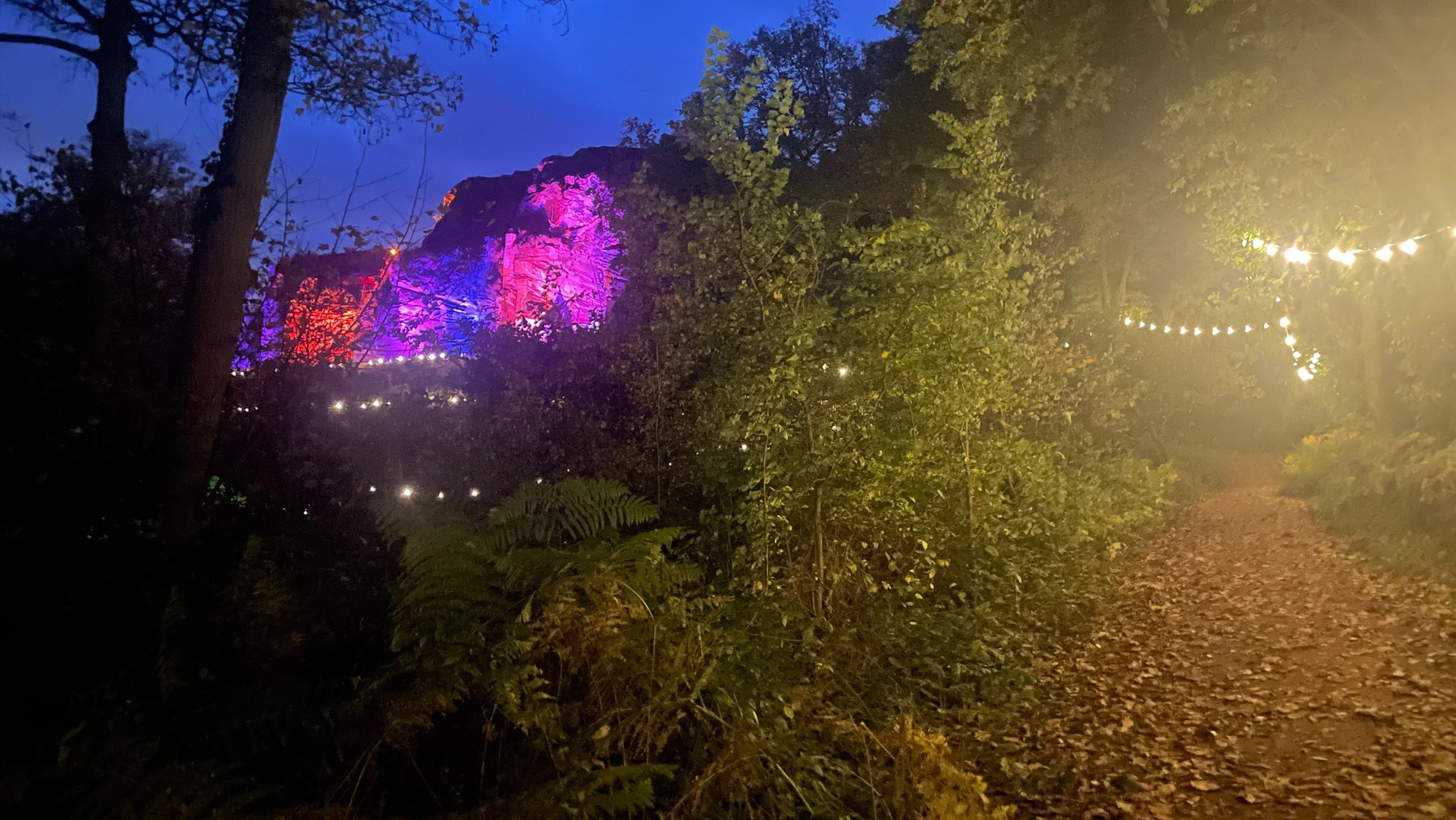 Rock Houses illuminated by pink and blue lights, festoon lights are strung up over a path into the woods.