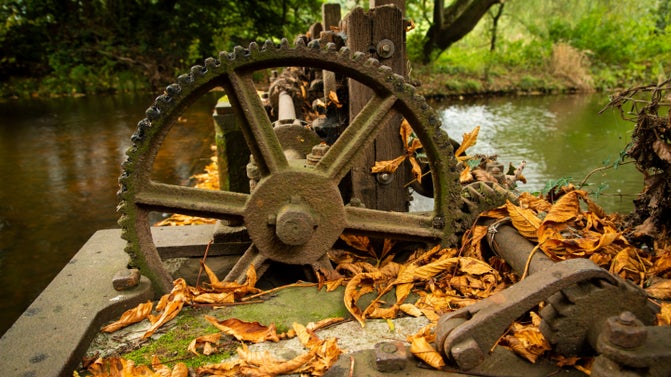 Autumn leaves on the weir wheel at Shugborough Estate, Staffordshire