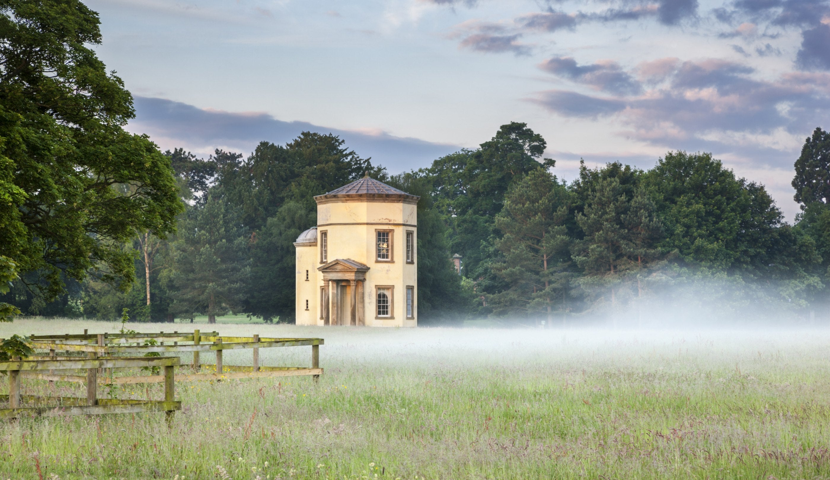 The Tower of the Winds on a misty morning in June on the Shugborough Estate, Staffordshire. The Tower was completed about 1765, a copy of the Horlogium of Andronikos Cyrrhestes illustrated in James Stuart's 'Antiquities of Athens'.