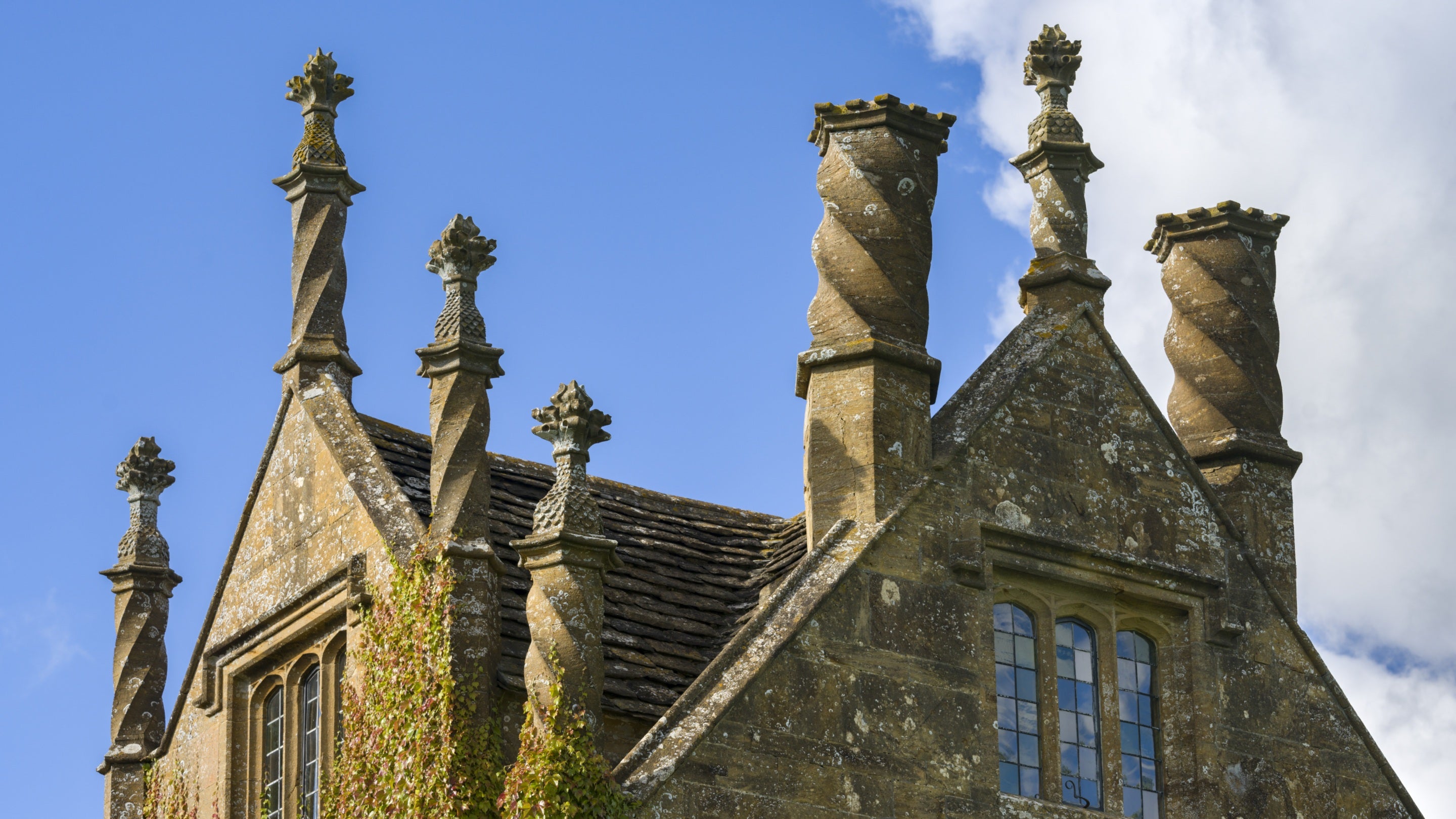 The ornate roof with the twisted chimneys at Barrington Court, Somerset