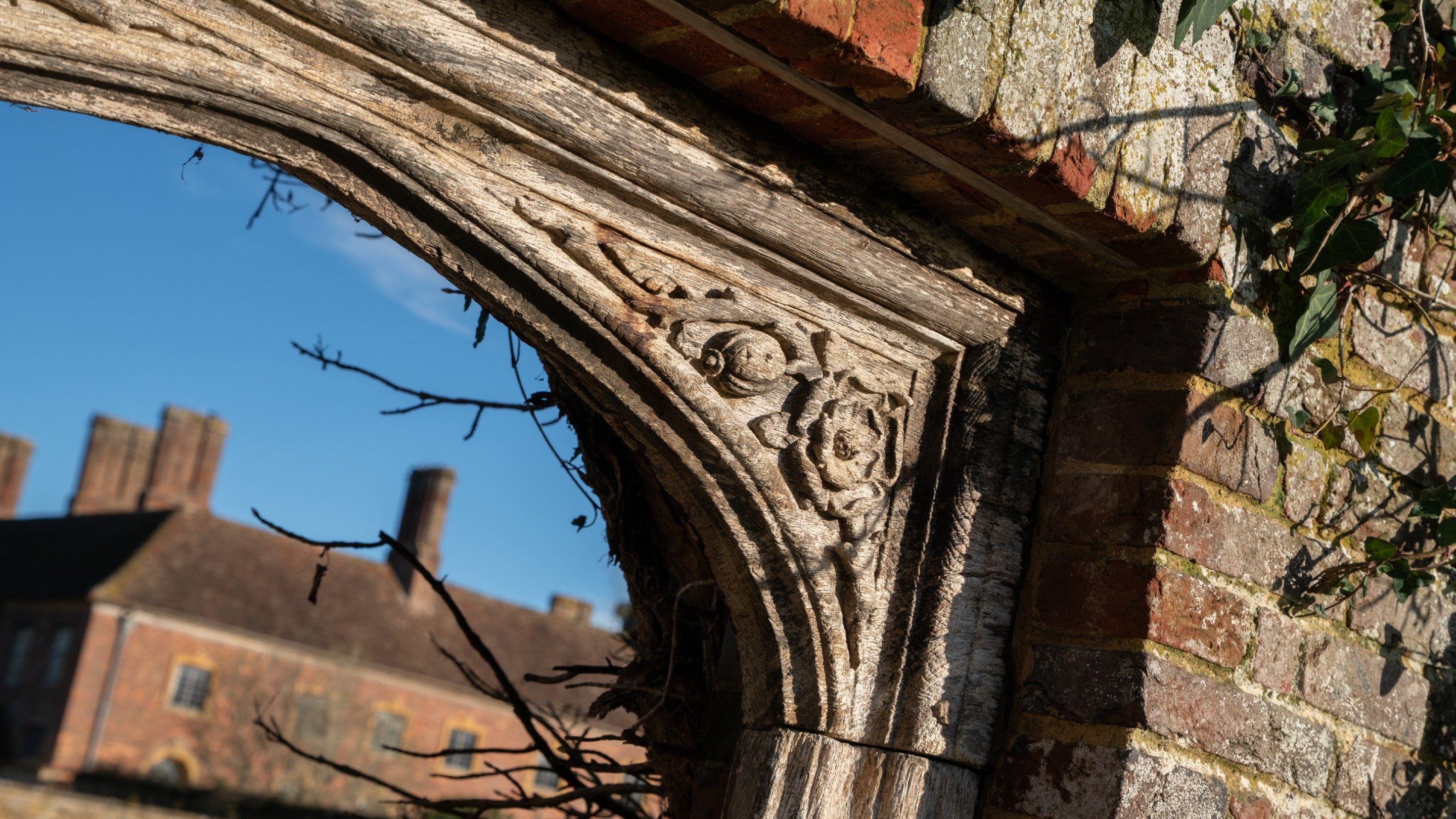 Corner detail of a carved oak doorway in the garden at Barrington Court
