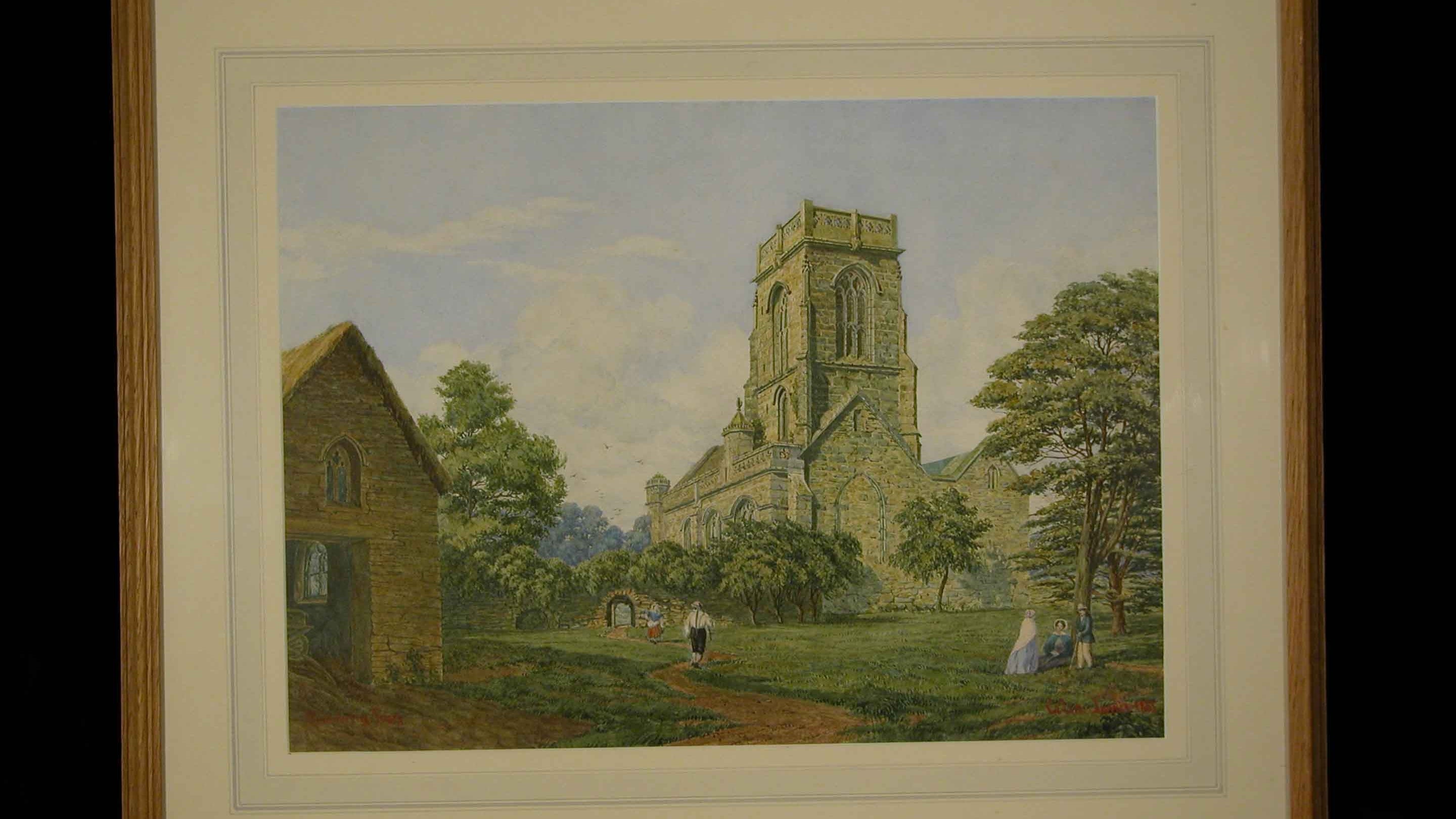 A pencil drawing of the church and surrounding land at Woodspring Priory, Somerset