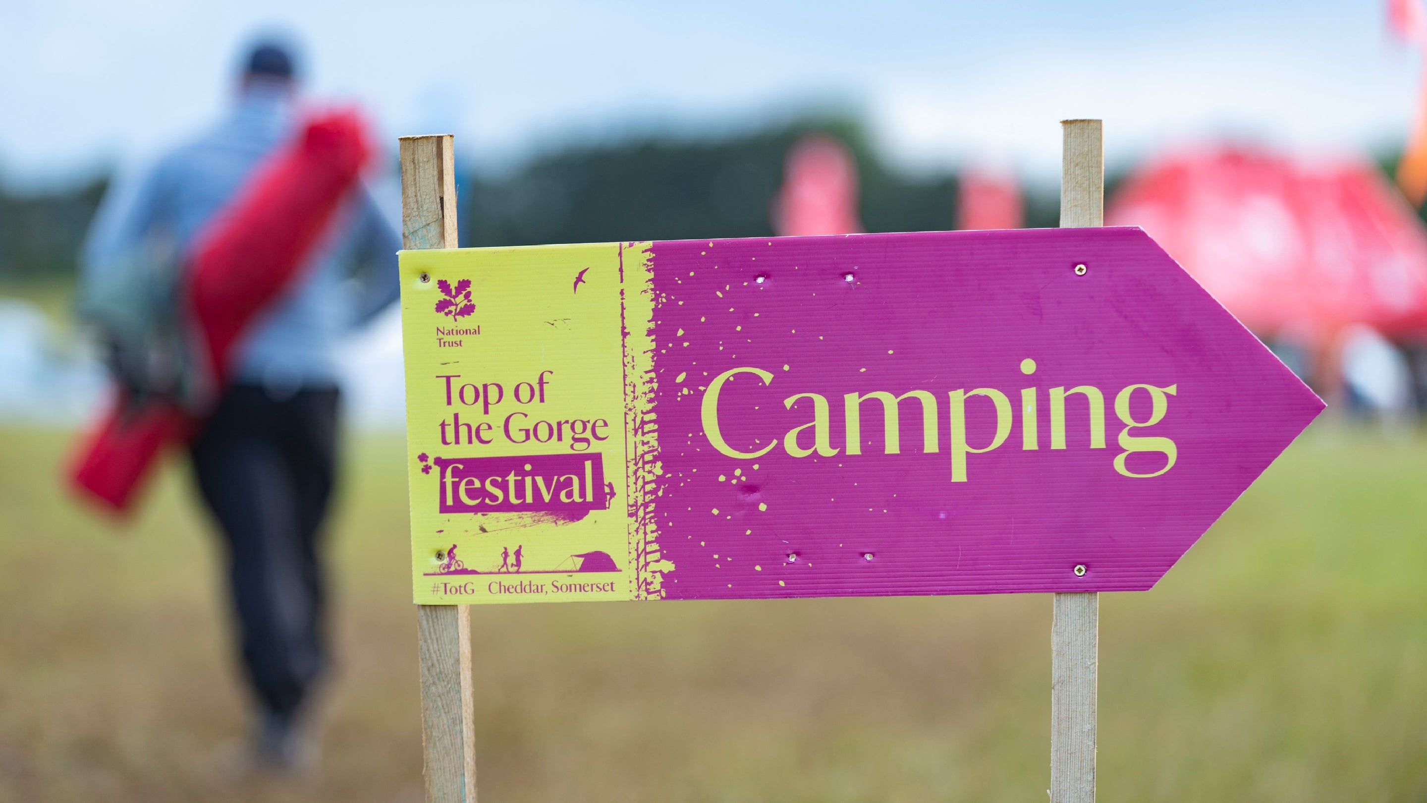 Camping sign at Top of the Gorge festival 2019, Cheddar, Somerset