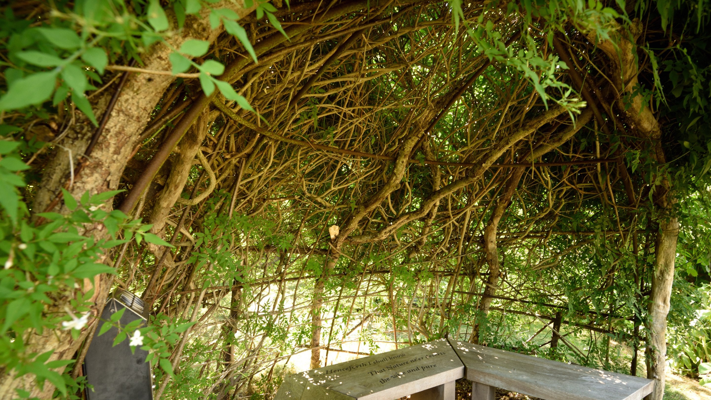 Benches beneath the trellis arch outside in the garden at Coleridge Cottage, Somerset