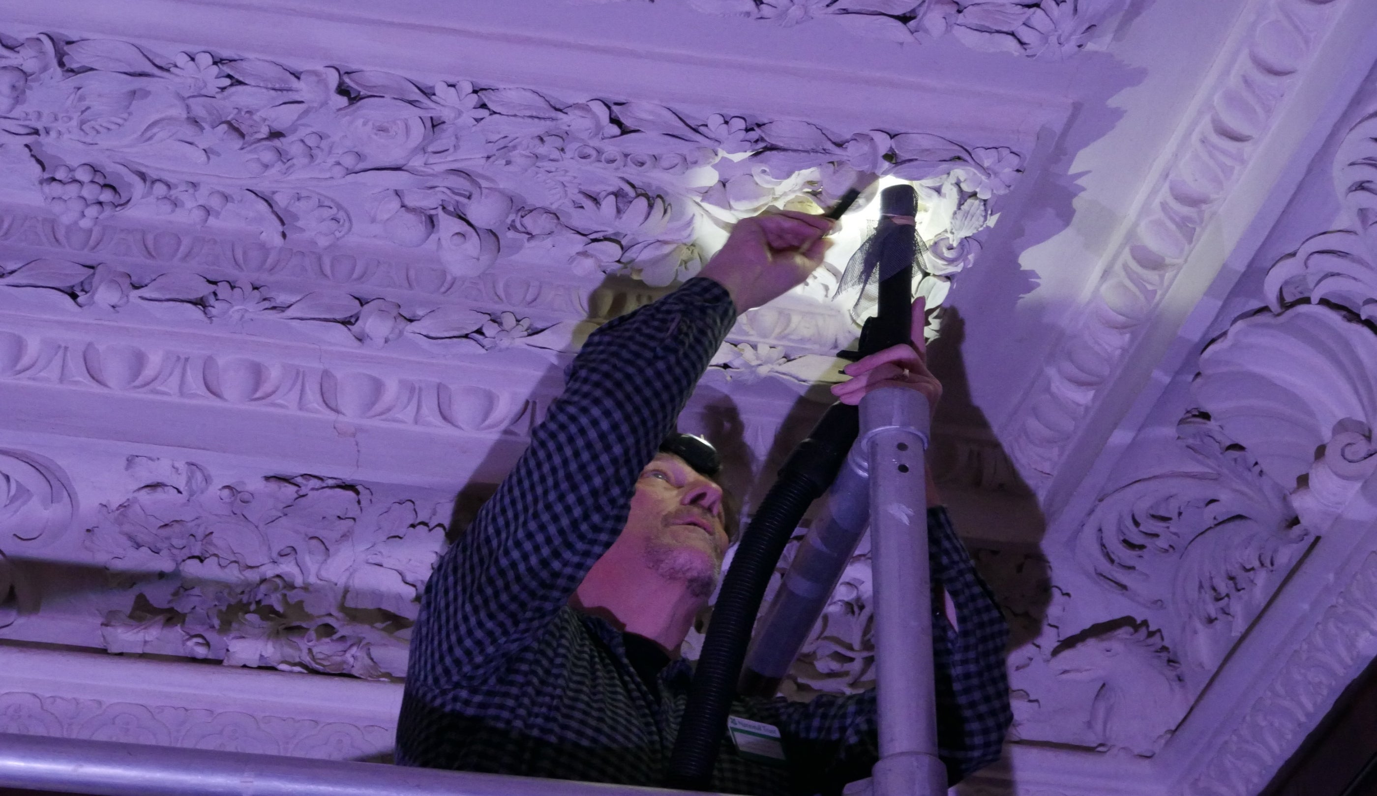 Collections and House Team member cleaning the servery ceiling at Dunster Castle, Somerset