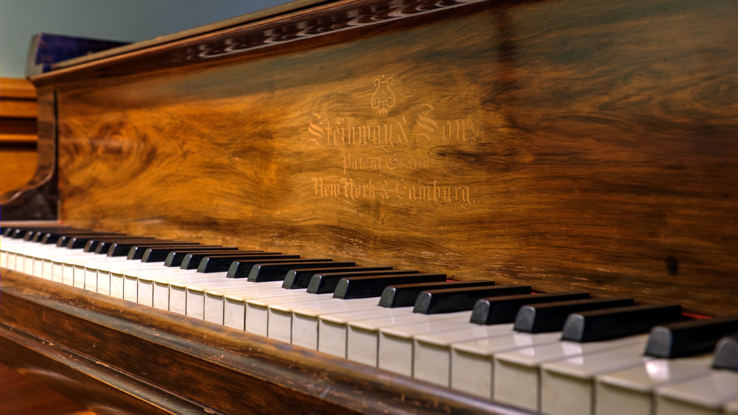 A close up of the Steinway Piano at Dunster Castle, Somerset.