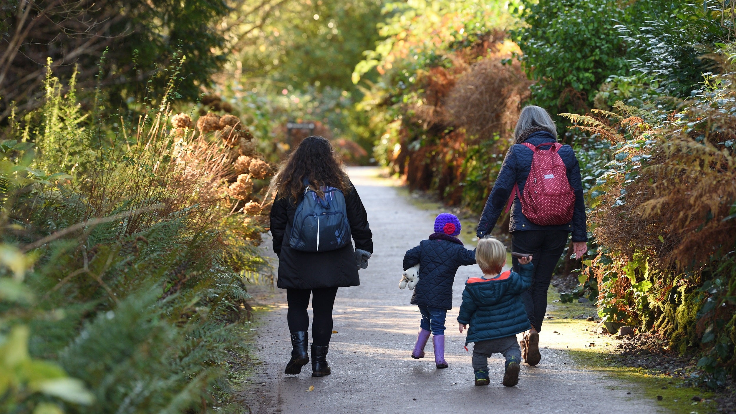 A family of two adults and two small children (with their backs to the camera) in winter clothing walking along a path flanked by an array of plants and trees with brown and green foliage