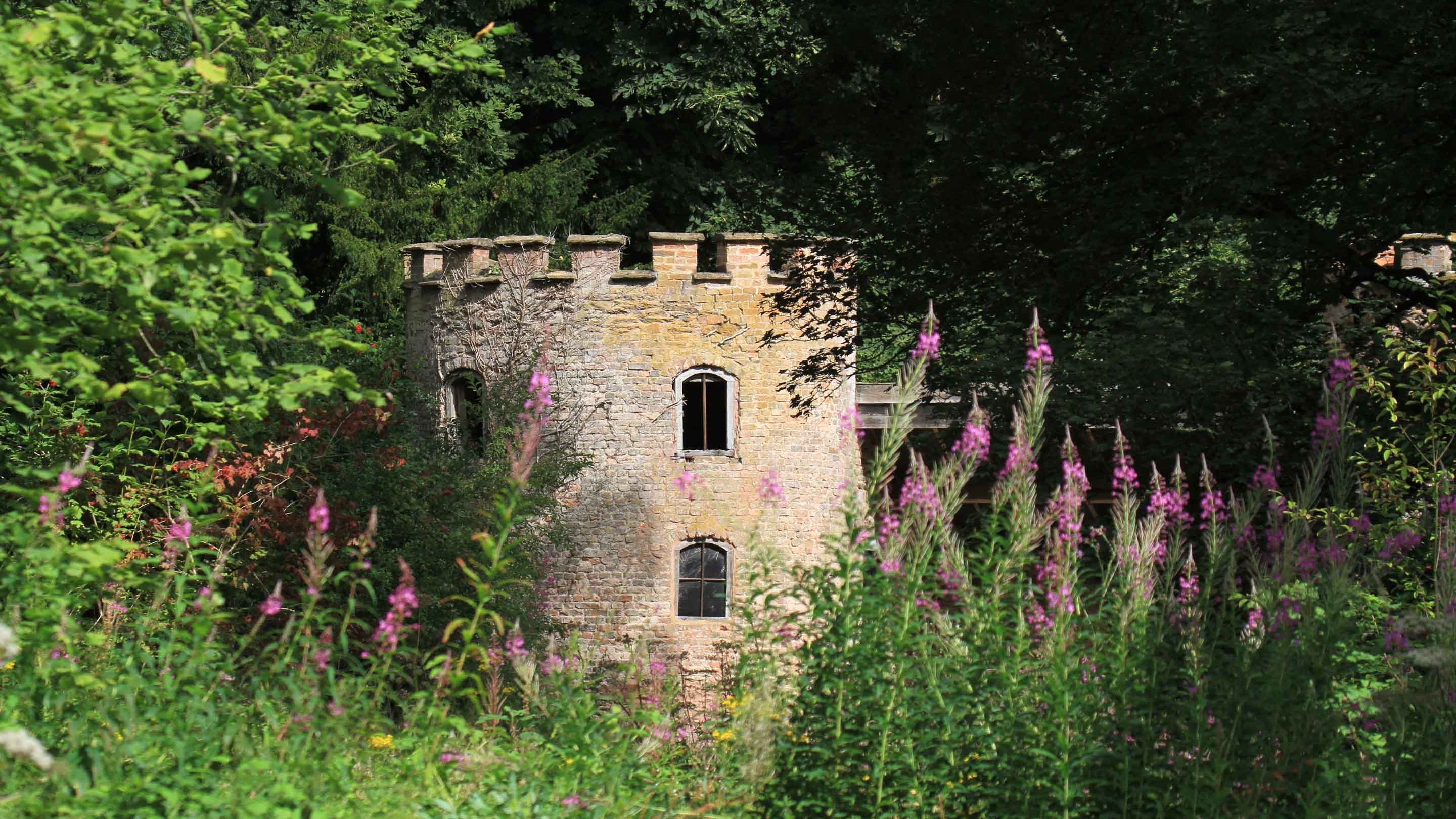 The castellated folly among the plants at Fyne Court in the summer