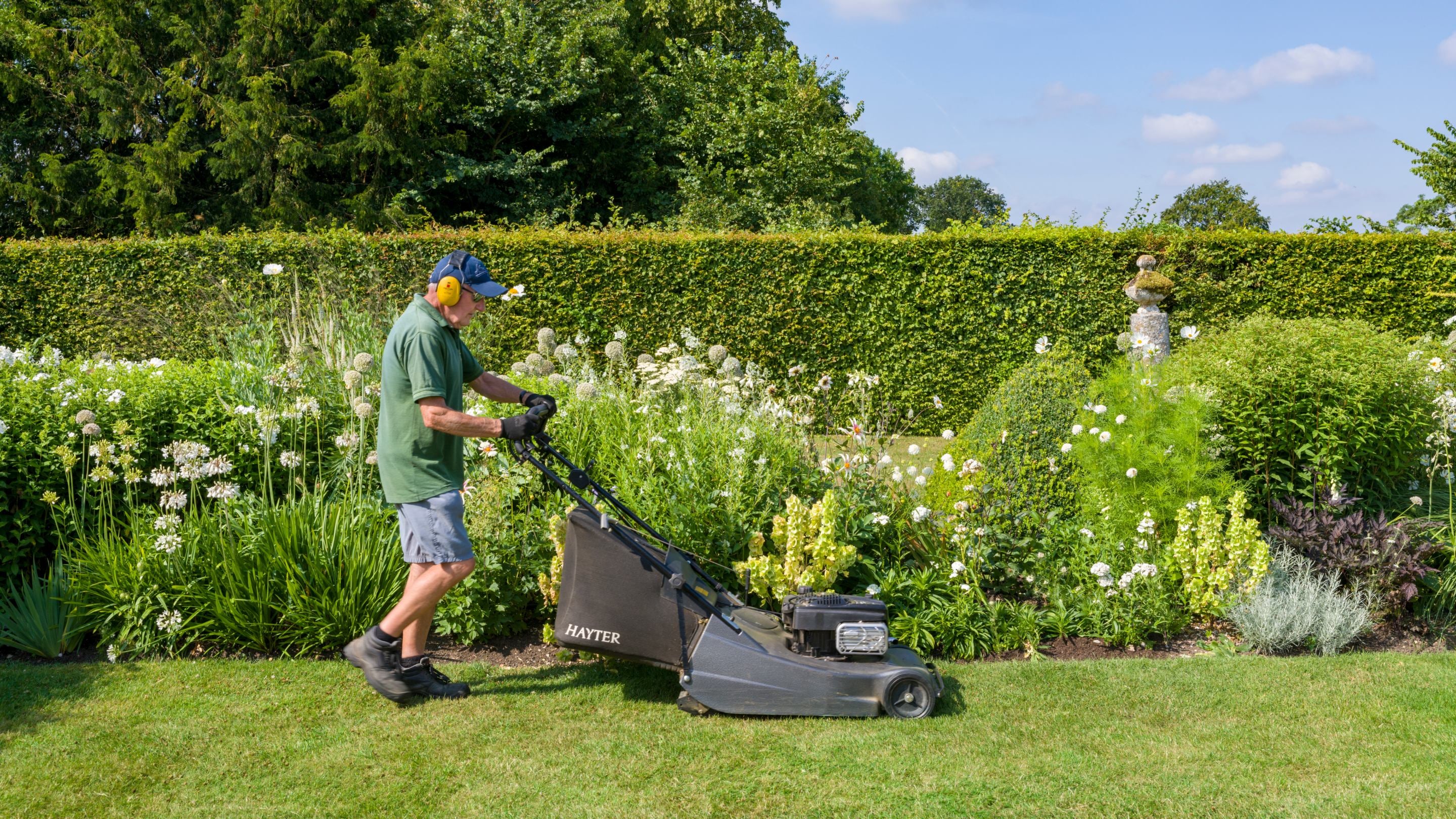Volunteer gardener cutting the grass at Lytes Cary Manor, Somerset in summer